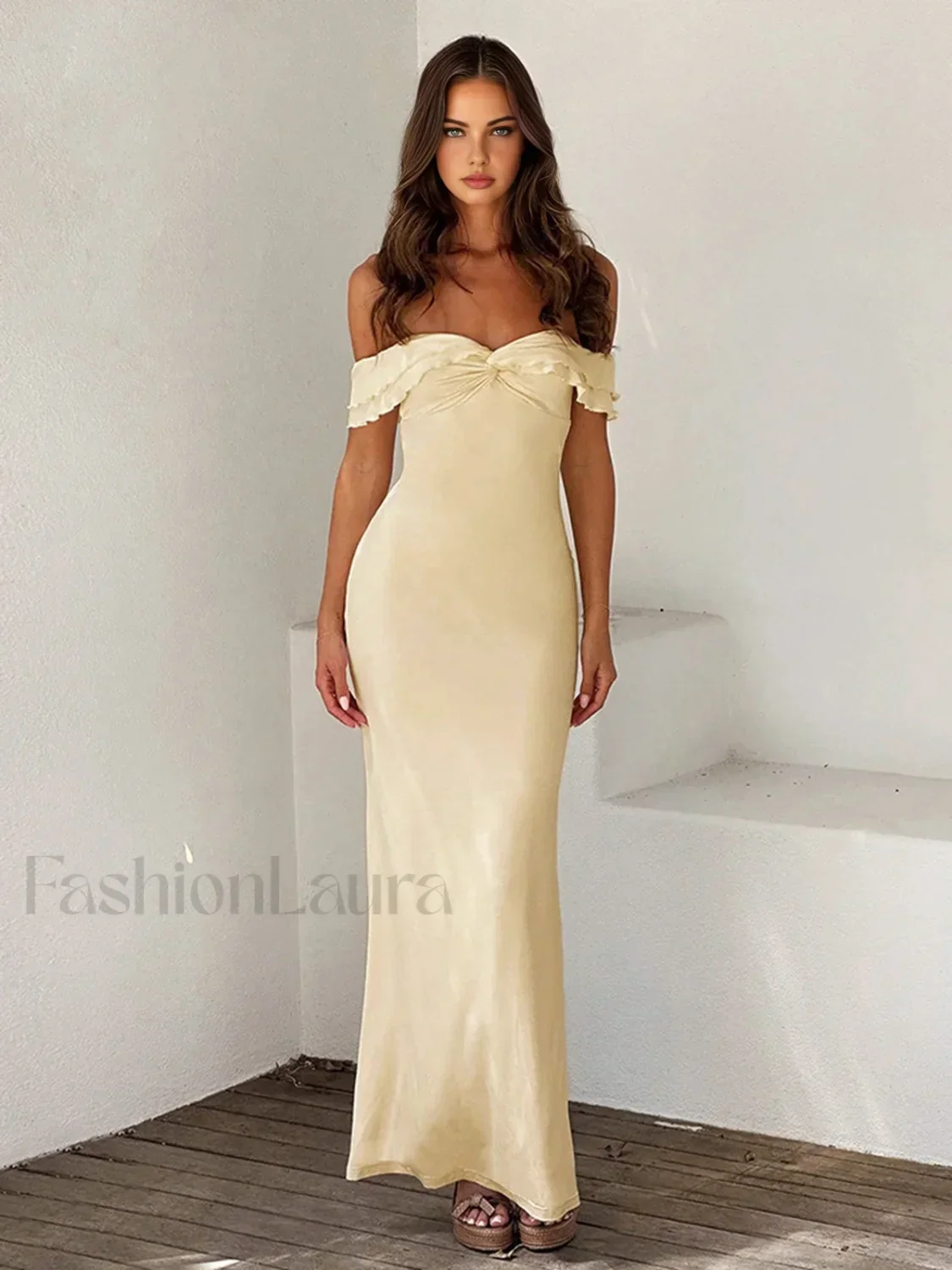 Off Shoulder Ruffle Trendy Satin Long Dress - Image 2
