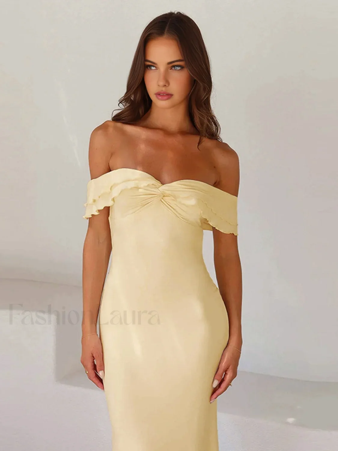 Off Shoulder Ruffle Trendy Satin Long Dress - Image 6