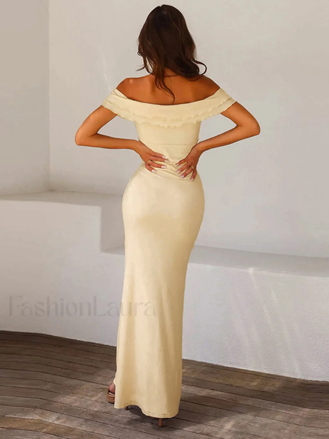 Off Shoulder Ruffle Trendy Satin Long Dress - Image 8