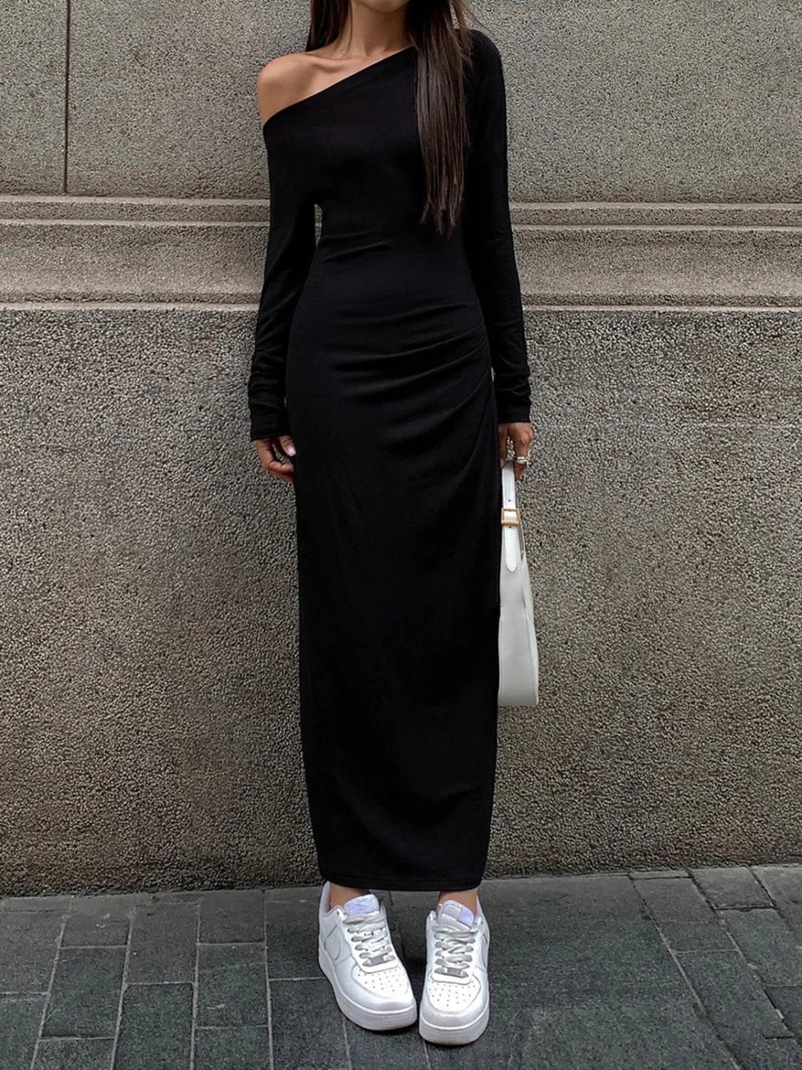 Off Shoulder Ribbed Long Modern Sleeve Knit Long Dress - Image 2