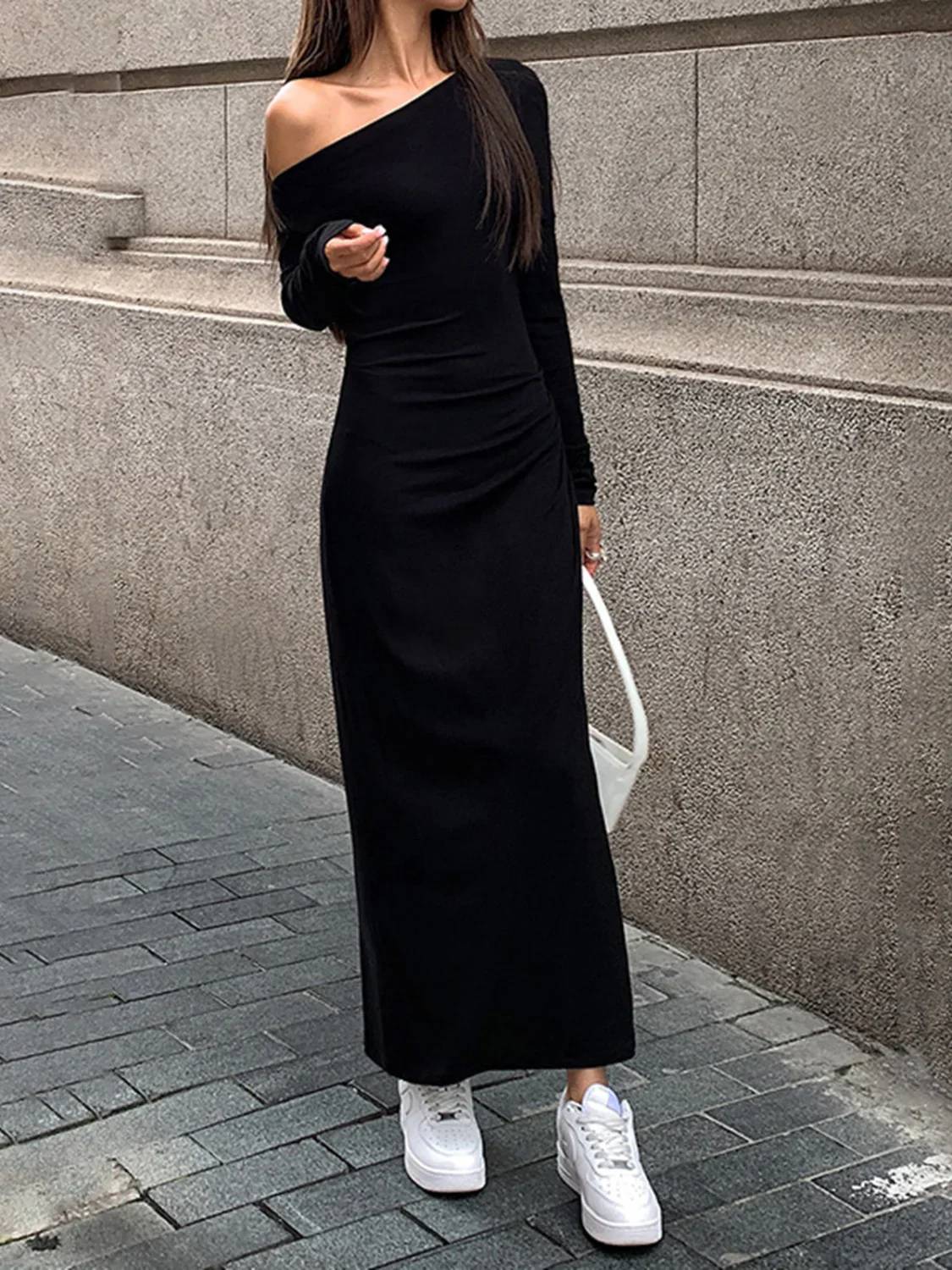 Off Shoulder Ribbed Long Modern Sleeve Knit Long Dress - Image 3