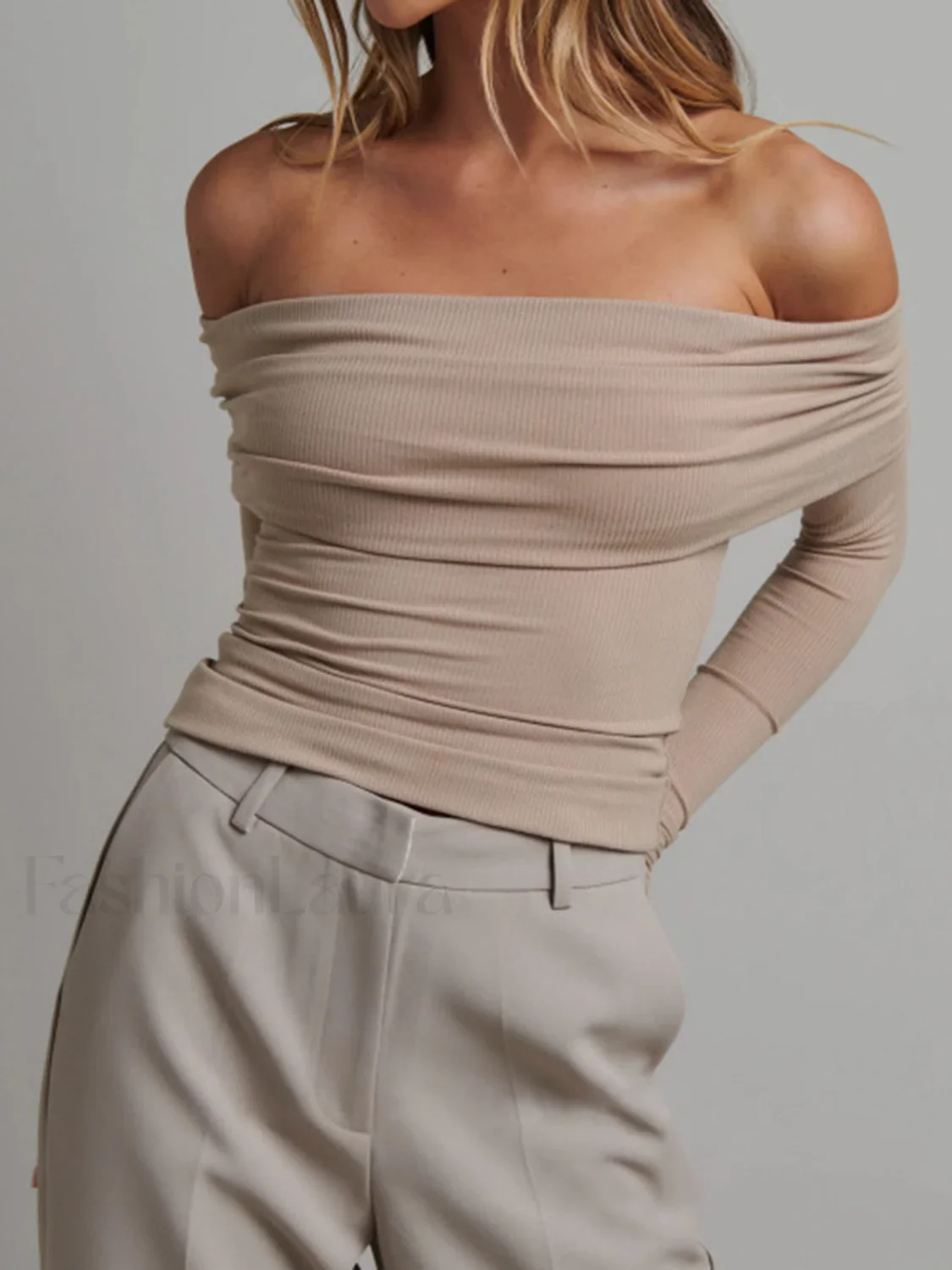 Off Shoulder Overfold Trendy Long Sleeve Crop Shirt - Image 14