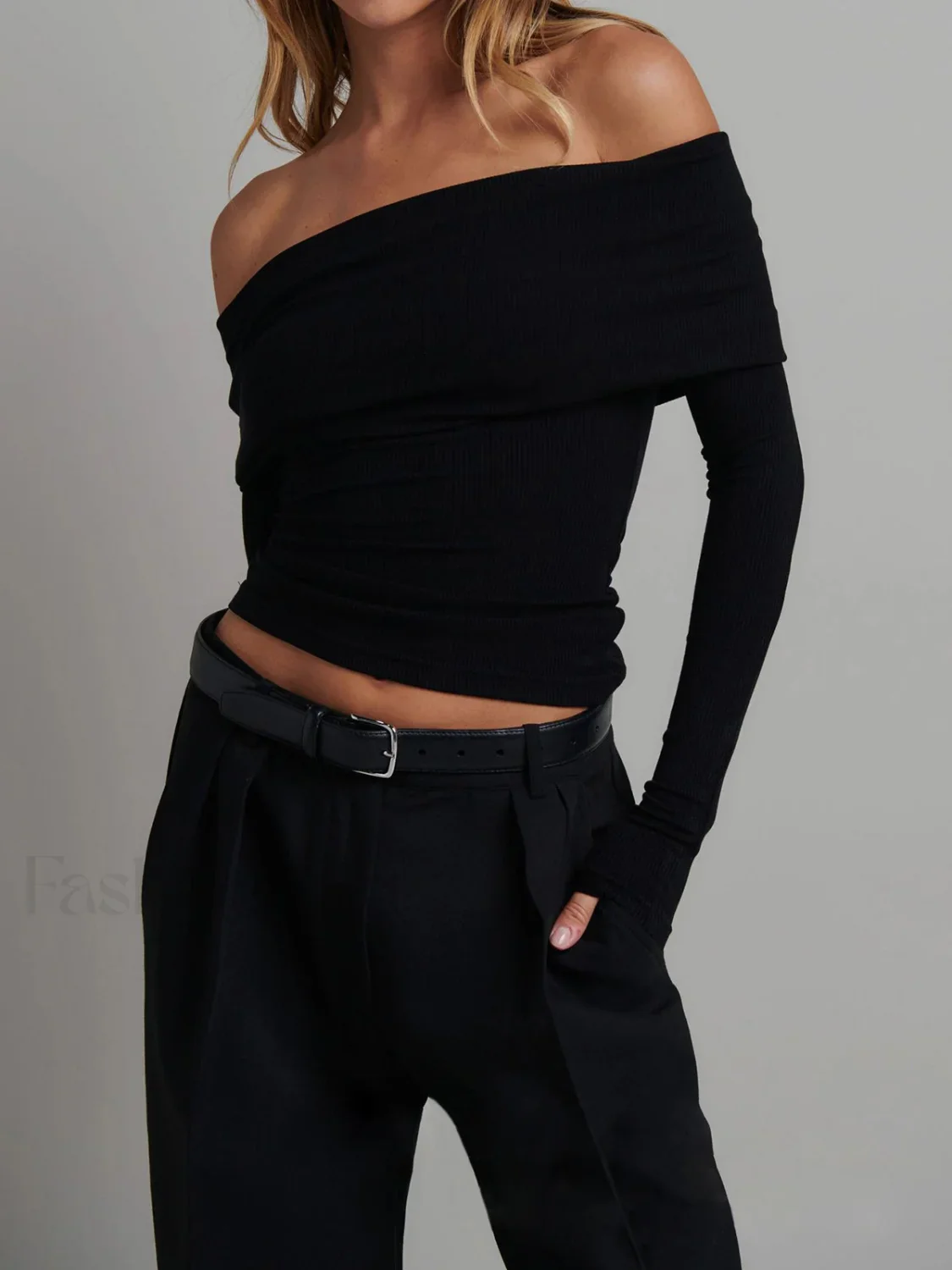 Off Shoulder Overfold Trendy Long Sleeve Crop Shirt - Image 16