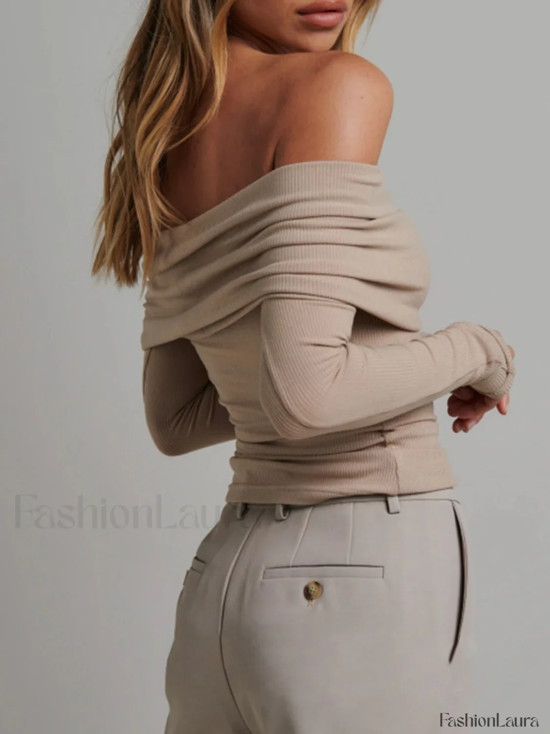 Off Shoulder Overfold Trendy Long Sleeve Crop Shirt - Image 18