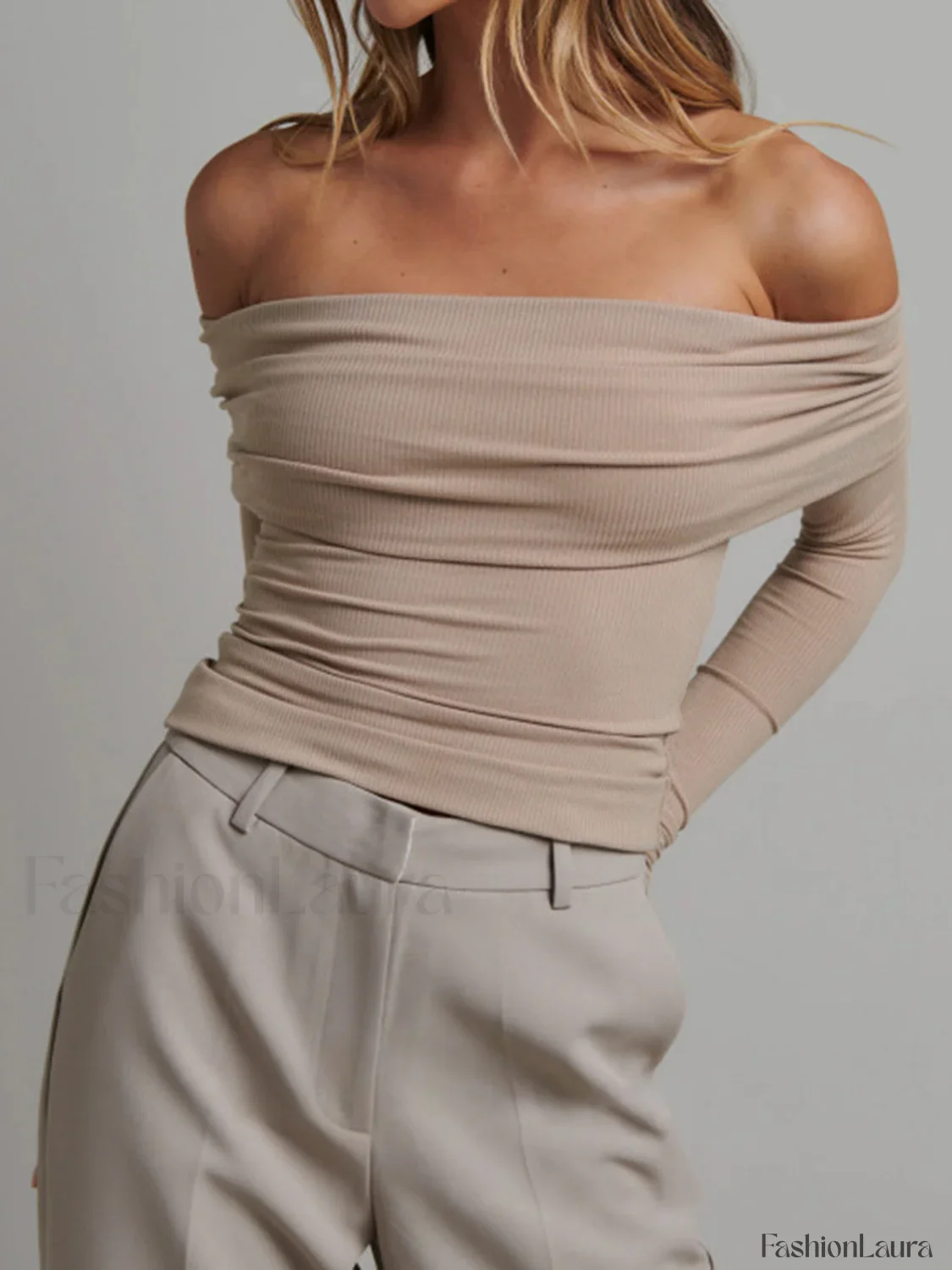 Off Shoulder Overfold Trendy Long Sleeve Crop Shirt - Image 20