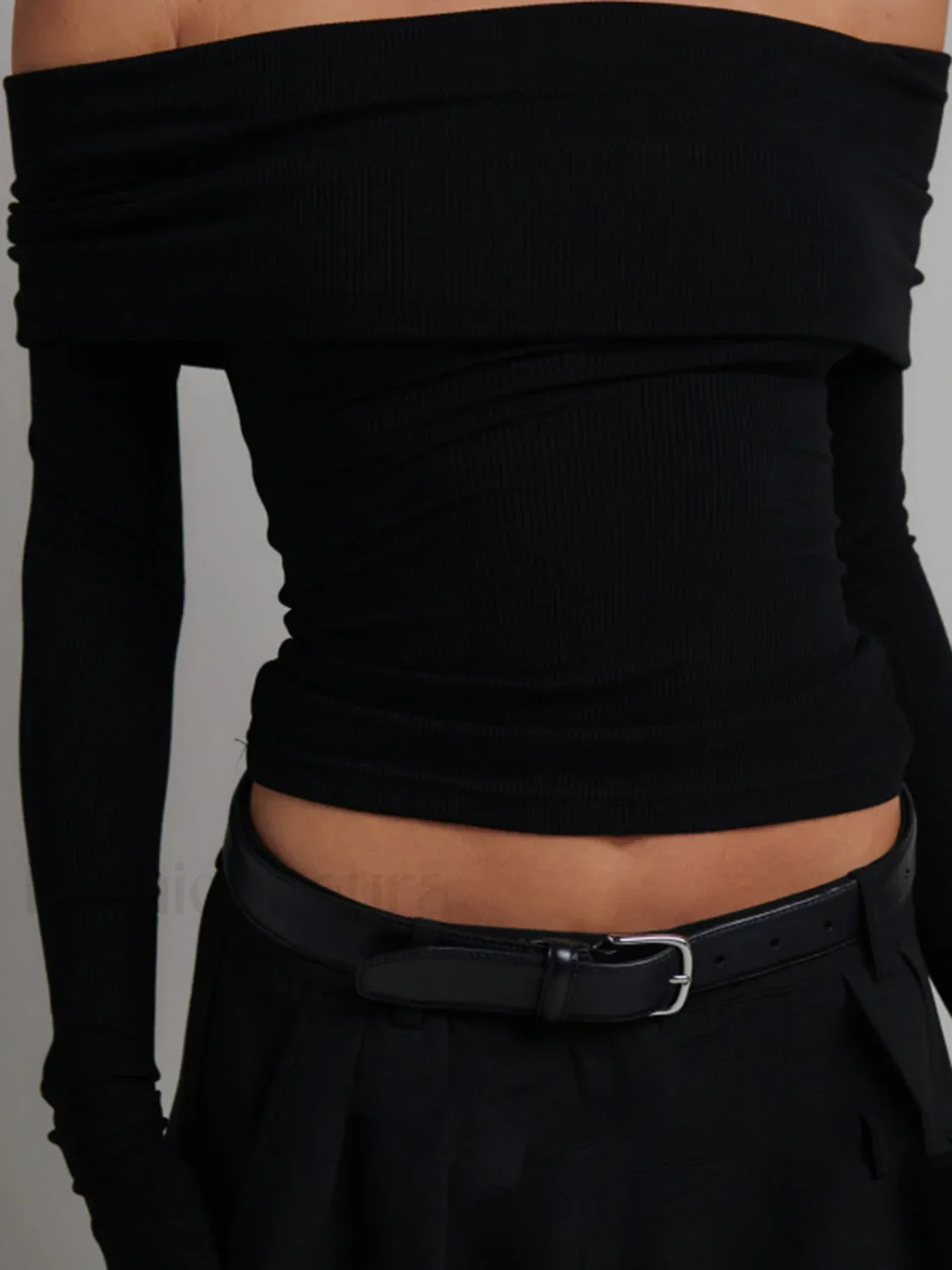 Off Shoulder Overfold Trendy Long Sleeve Crop Shirt - Image 4