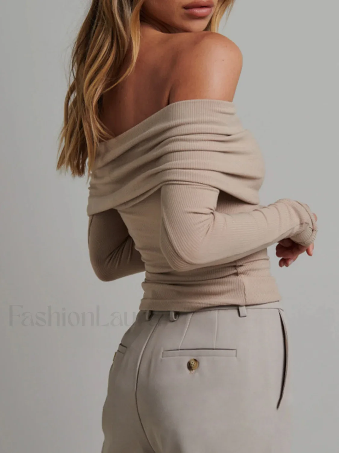 Off Shoulder Overfold Trendy Long Sleeve Crop Shirt - Image 7
