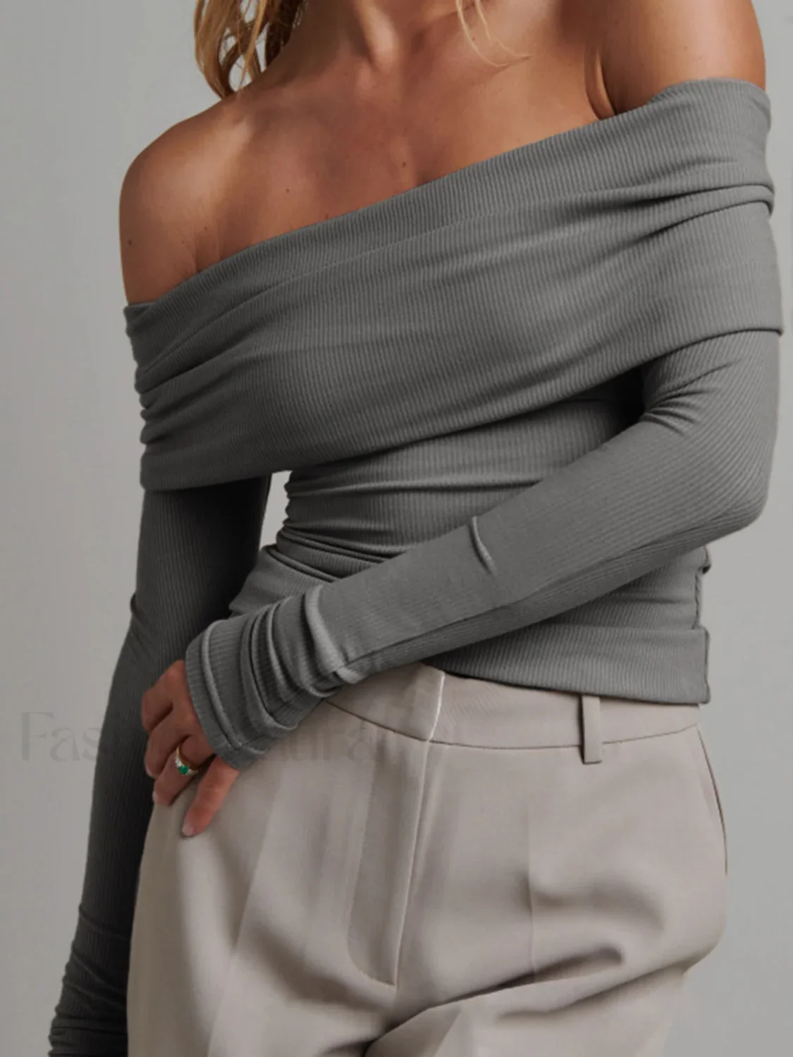 Off Shoulder Overfold Trendy Long Sleeve Crop Shirt - Image 8