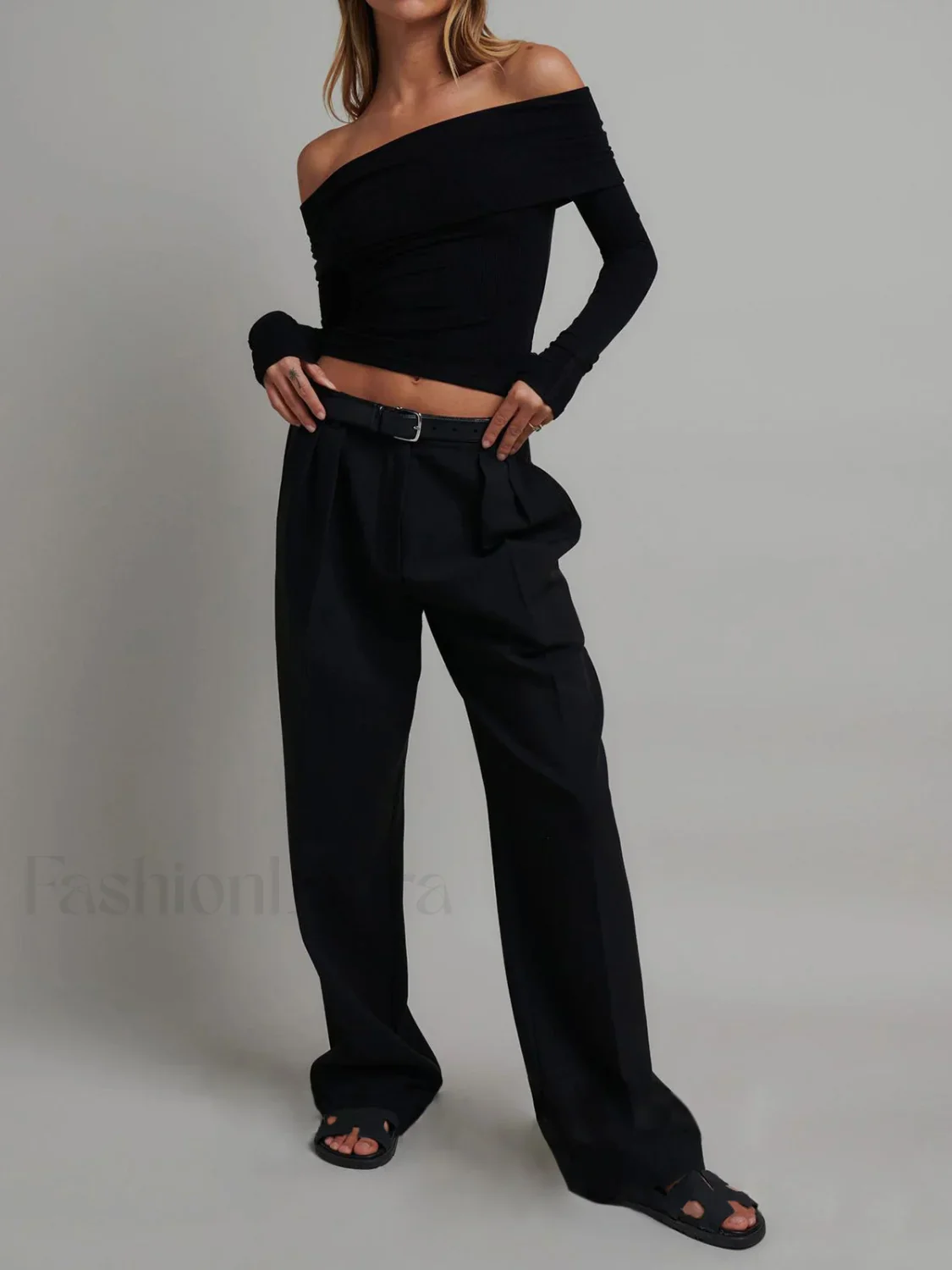 Off Shoulder Overfold Trendy Long Sleeve Crop Shirt - Image 9