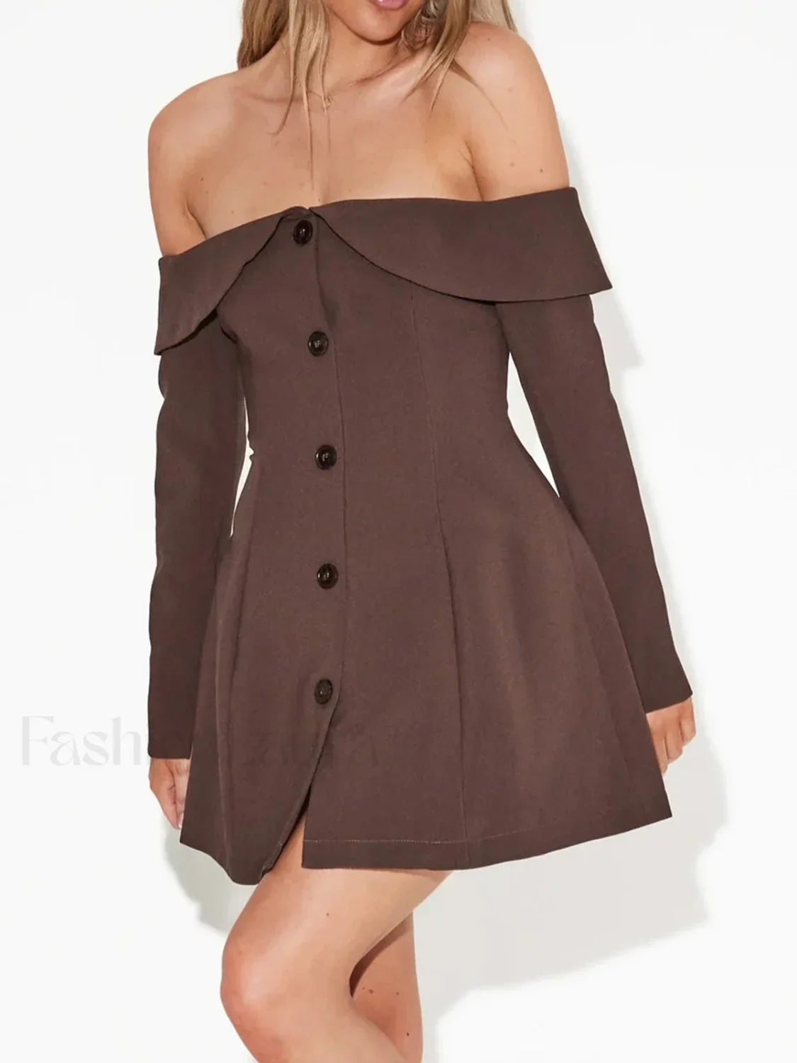 Off Shoulder Long Sleeve Modern Button Zip Mini Dress - Image 3
