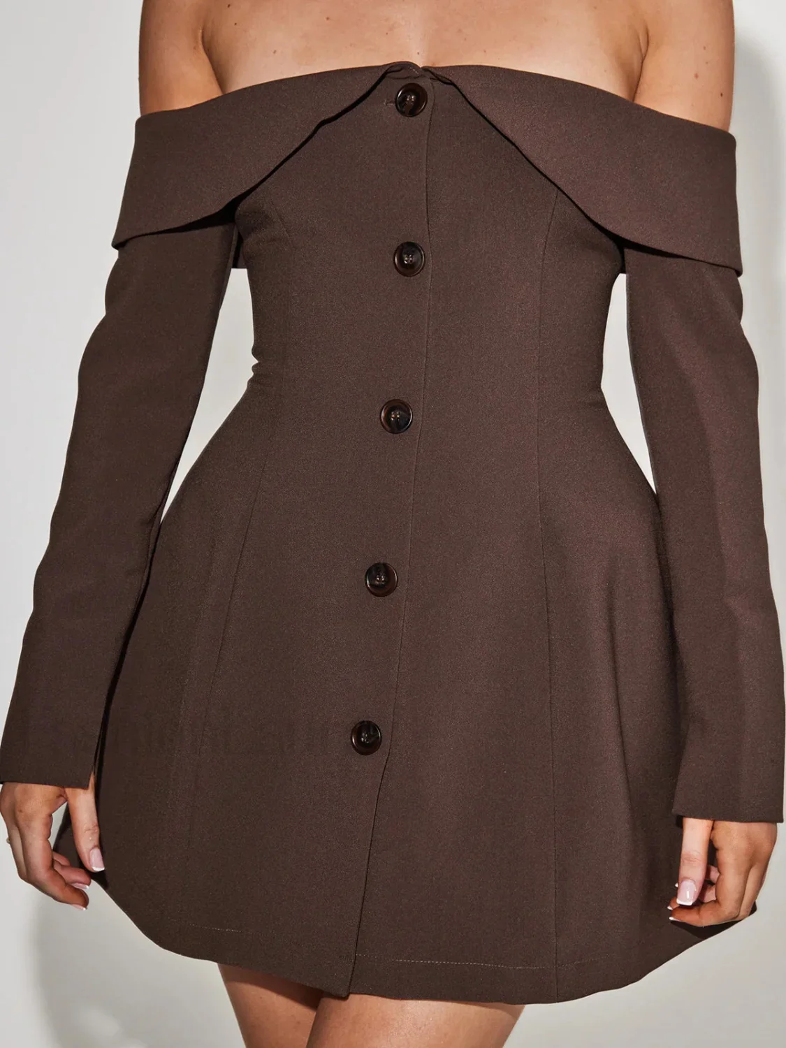 Off Shoulder Long Sleeve Modern Button Zip Mini Dress - Image 7