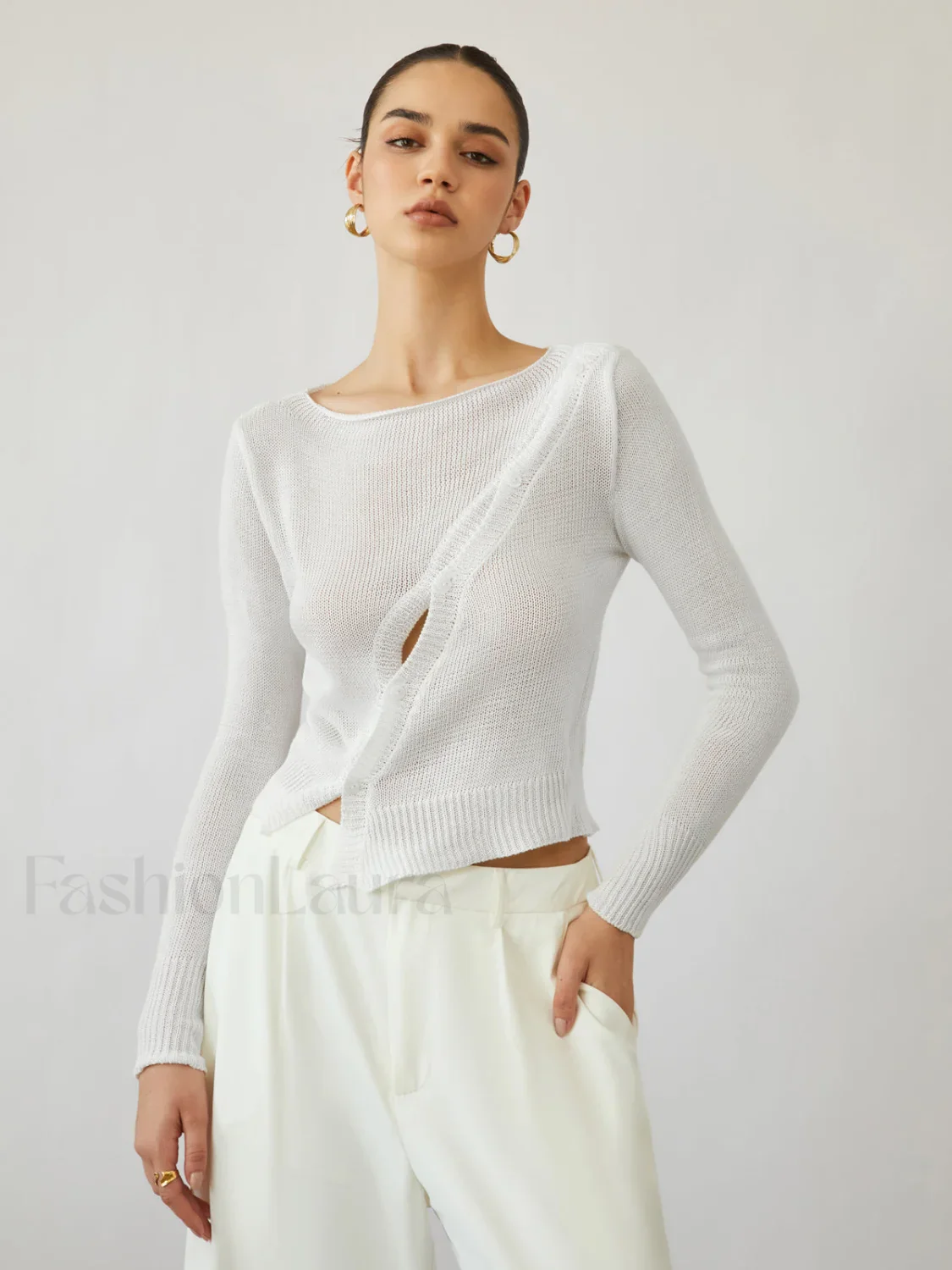 Oblique Buttoned Cover Trendy Up Knit Top - Image 2