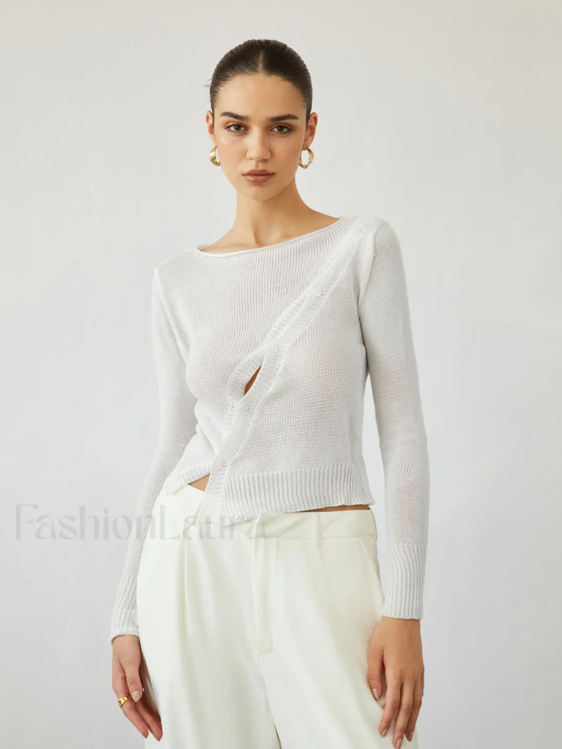 Oblique Buttoned Cover Trendy Up Knit Top - Image 5