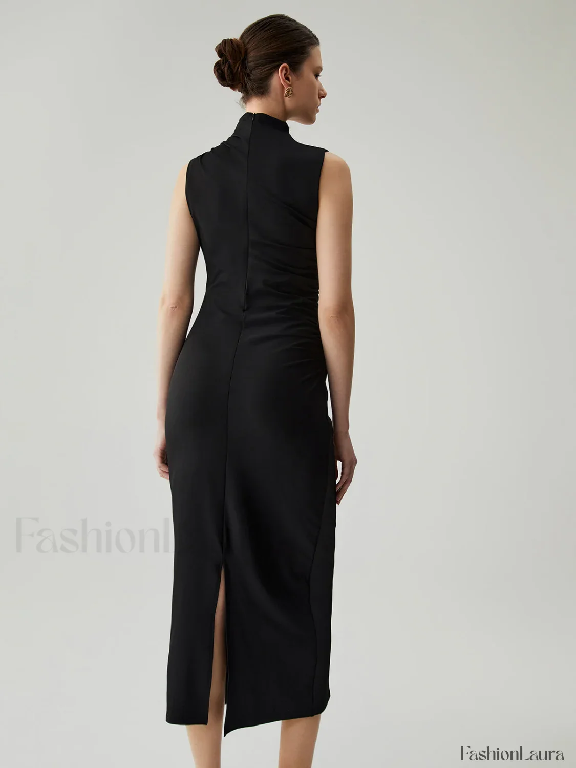 Mock Neck Sleeveless Trendy Split Ruched Long Dress - Image 13
