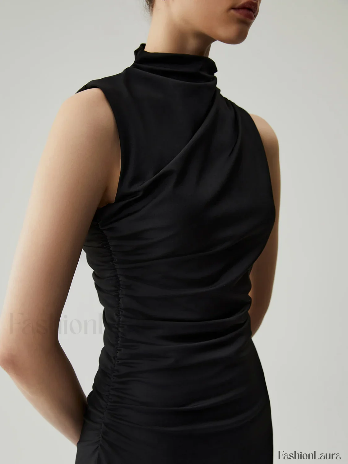 Mock Neck Sleeveless Trendy Split Ruched Long Dress - Image 14