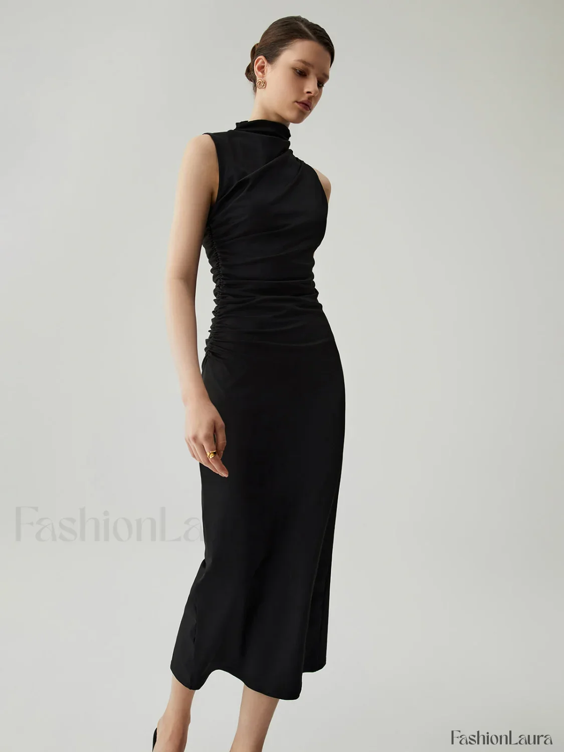 Mock Neck Sleeveless Trendy Split Ruched Long Dress - Image 17