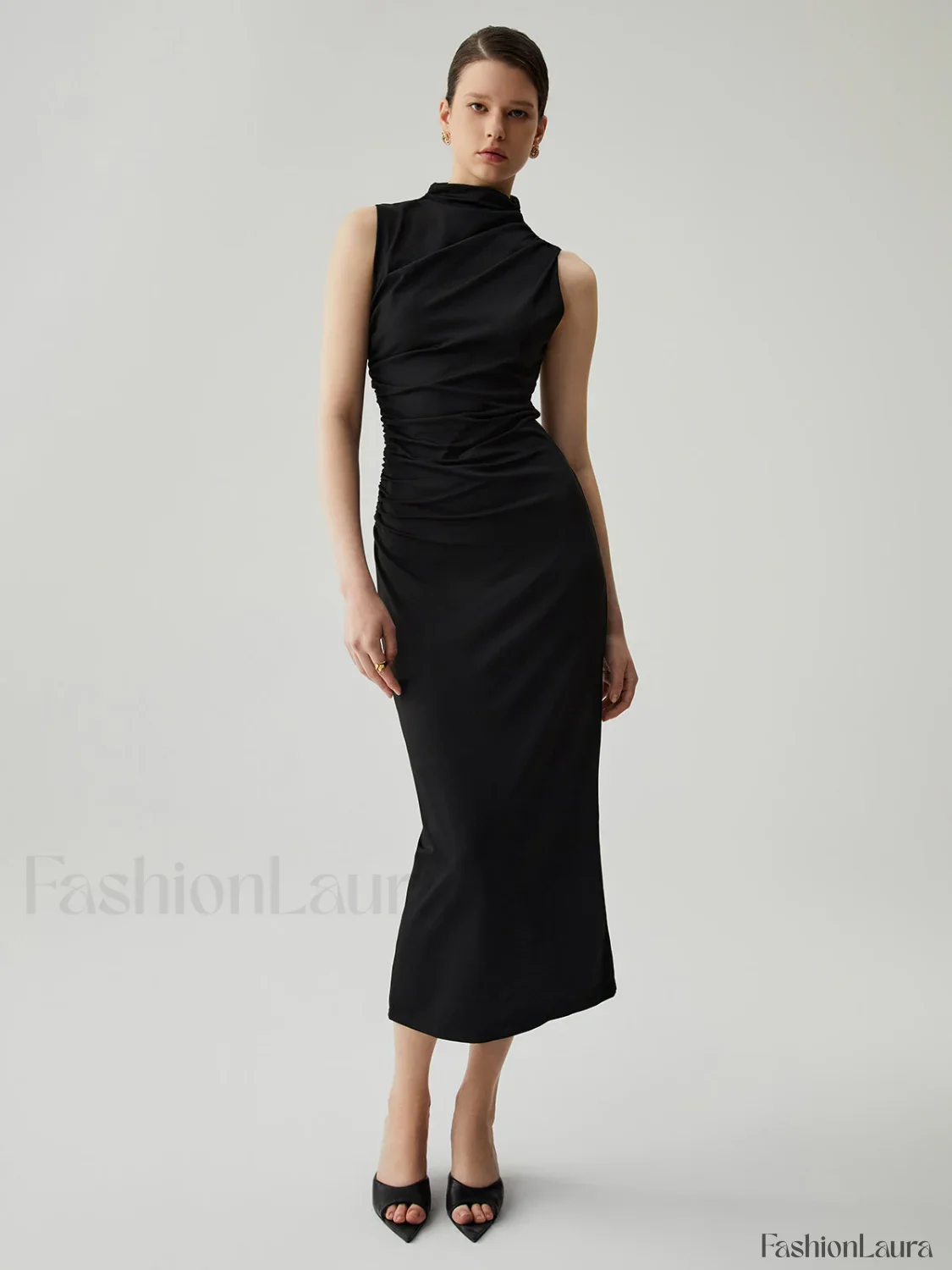 Mock Neck Sleeveless Trendy Split Ruched Long Dress - Image 18