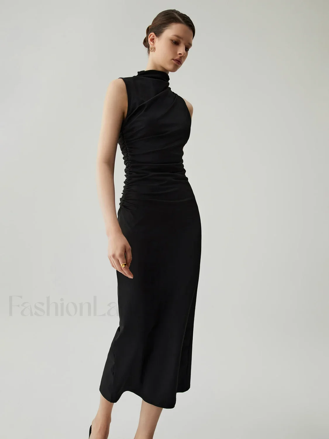 Mock Neck Sleeveless Trendy Split Ruched Long Dress - Image 2