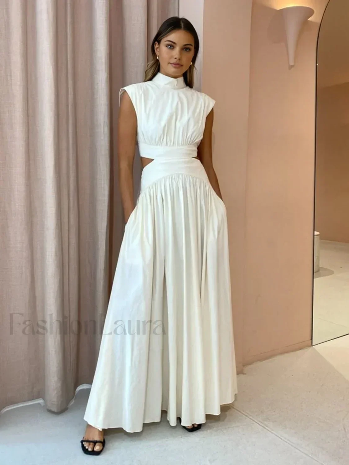 Mock Neck Cut Trendy Out Long Dress - Image 3