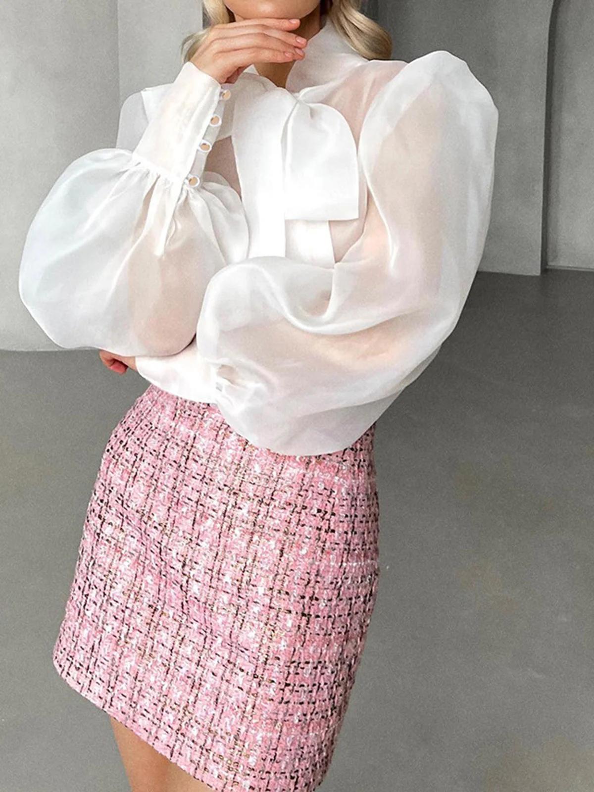 Mesh Puff Graceful Sleeve Knot-Front Shirt - Image 4