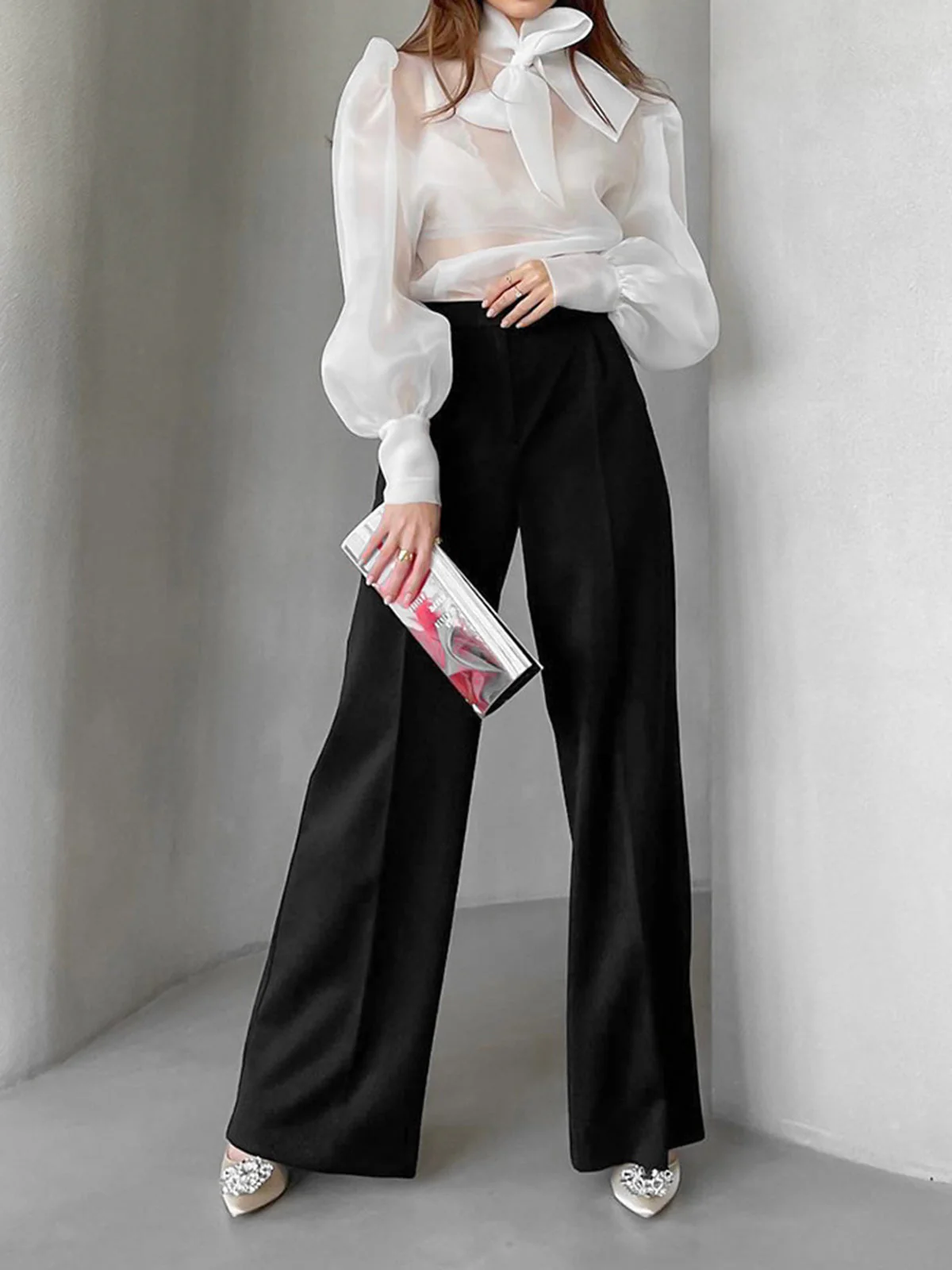 Mesh Puff Graceful Sleeve Knot-Front Shirt - Image 9