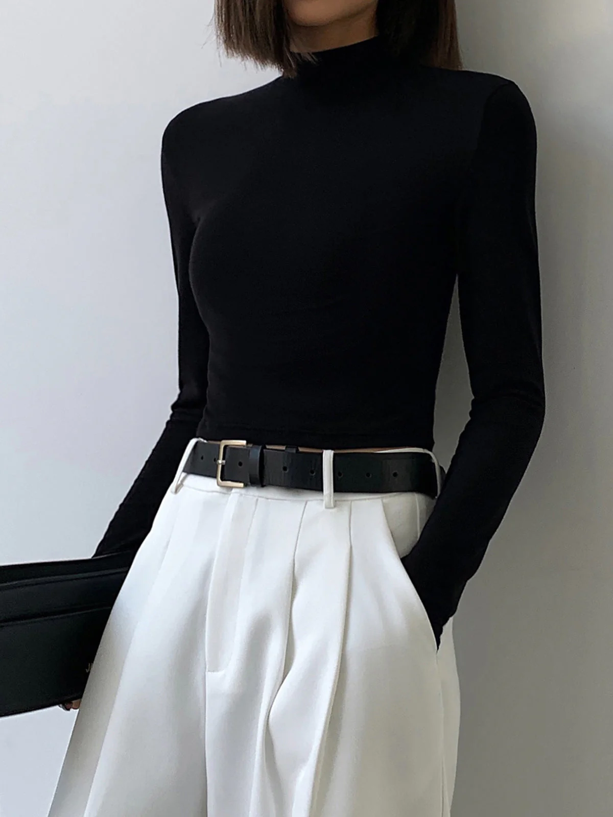 Solid Mock Neck Trendy Long Sleeve Crop Top - Image 2