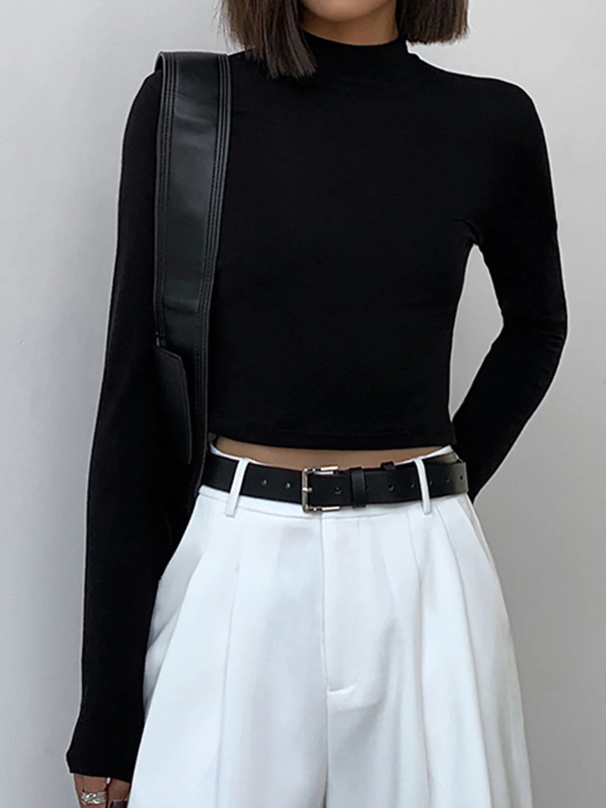 Solid Mock Neck Trendy Long Sleeve Crop Top - Image 3