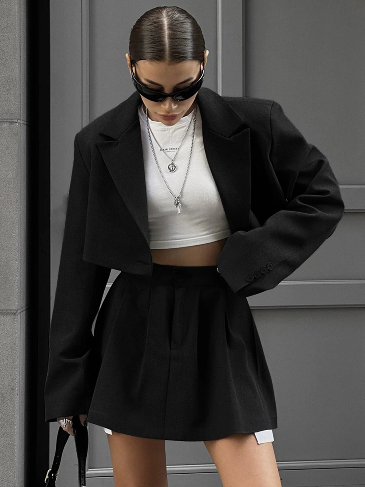 Solid Lapel Blazer Trendy Mini Skirt Set - Image 9