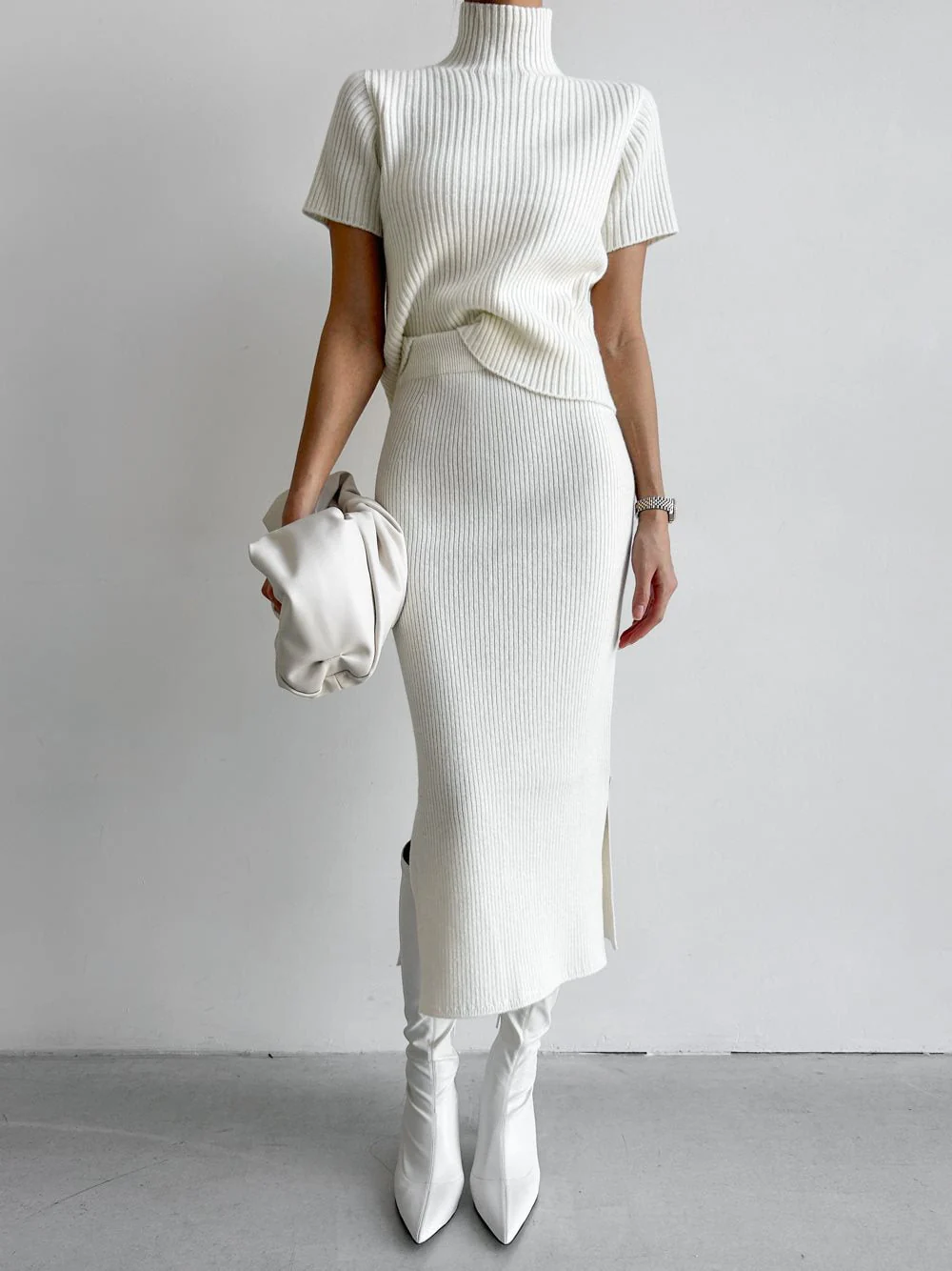 Solid High Neck Split Ribbed Classic Knit Two Pieces Skirt Set - Image 12