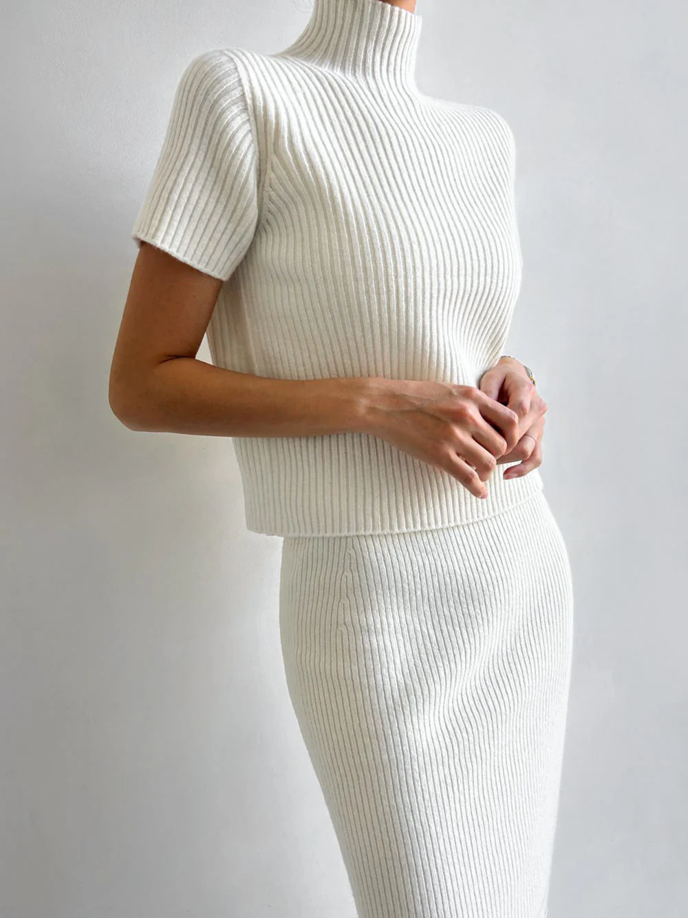 Solid High Neck Split Ribbed Classic Knit Two Pieces Skirt Set - Image 4
