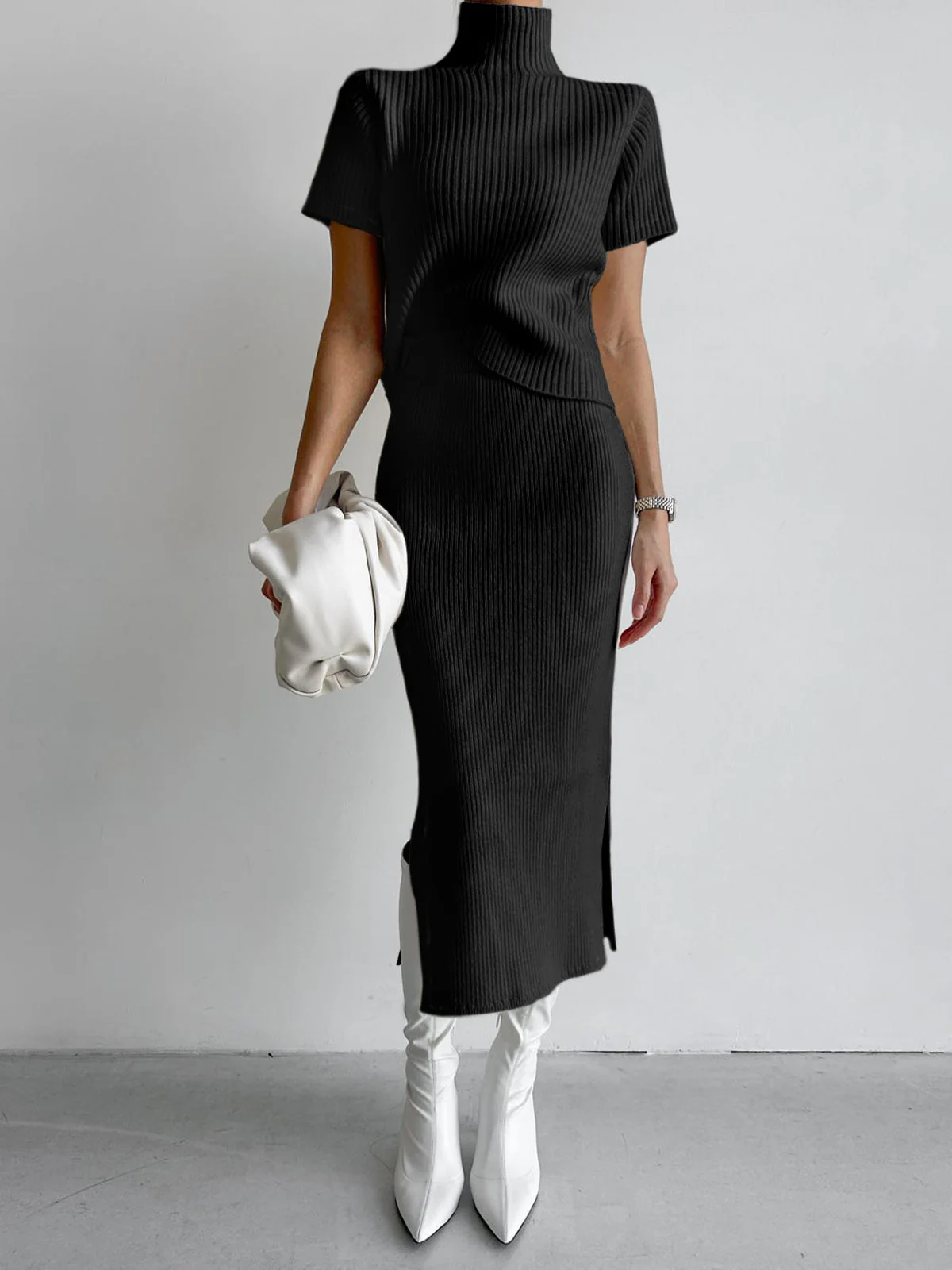 Solid High Neck Split Ribbed Classic Knit Two Pieces Skirt Set - Image 6