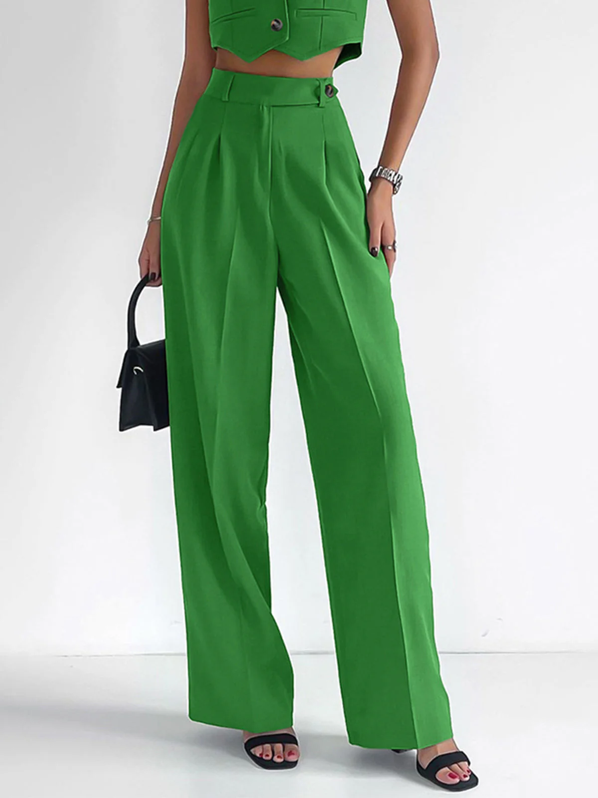 Solid Button Front Trendy Waistcoat With Pants Set - Image 5