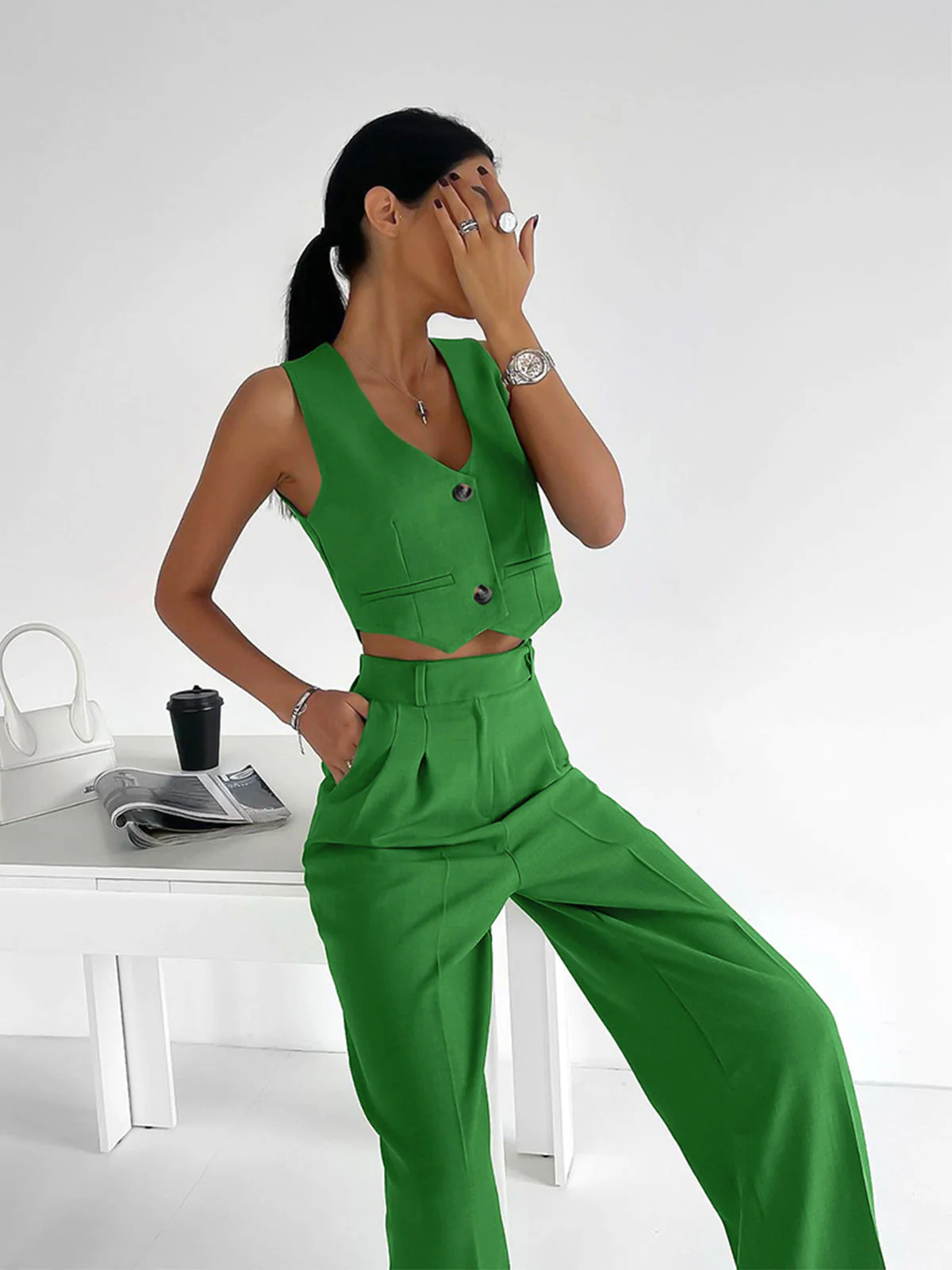 Solid Button Front Trendy Waistcoat With Pants Set - Image 6