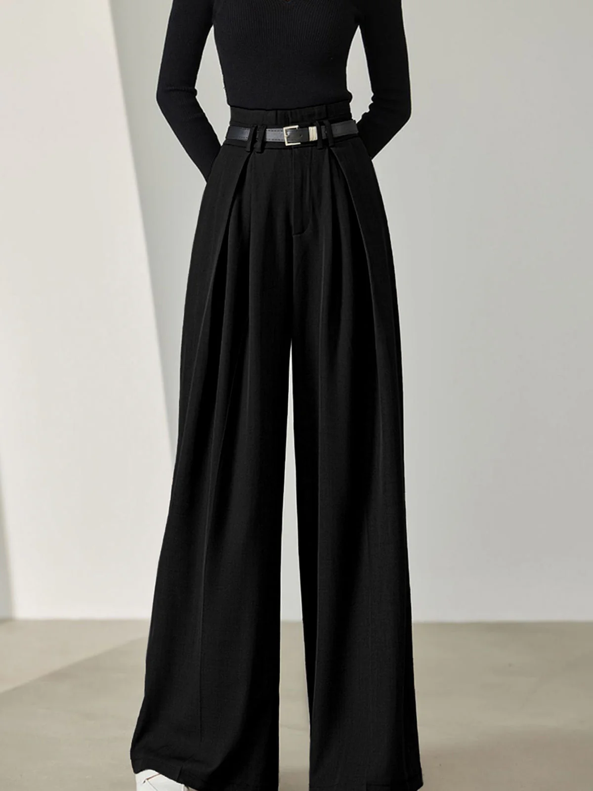 Solid Belted Pleated Trendy Wide Leg Pants - Image 10