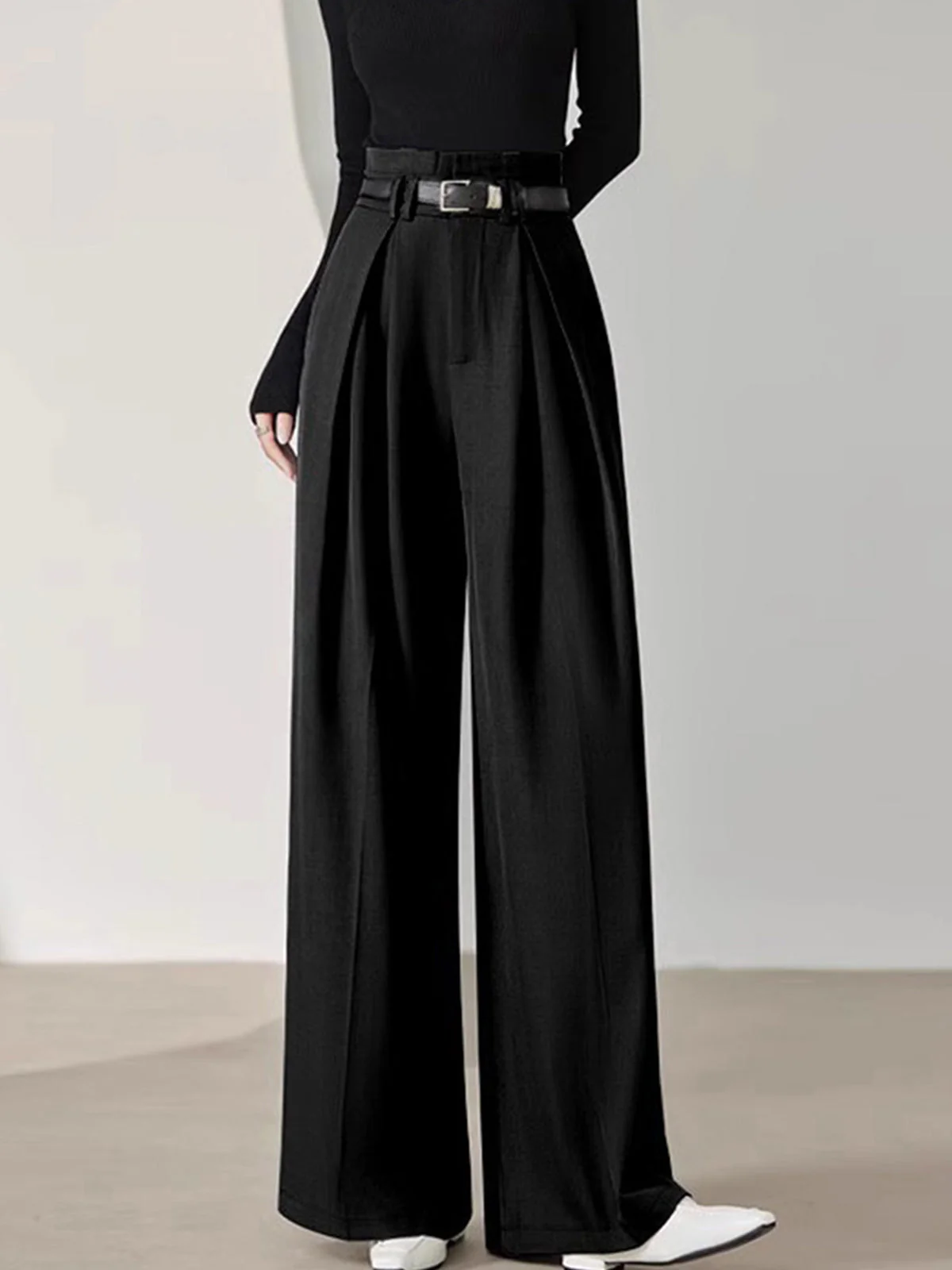 Solid Belted Pleated Trendy Wide Leg Pants - Image 12