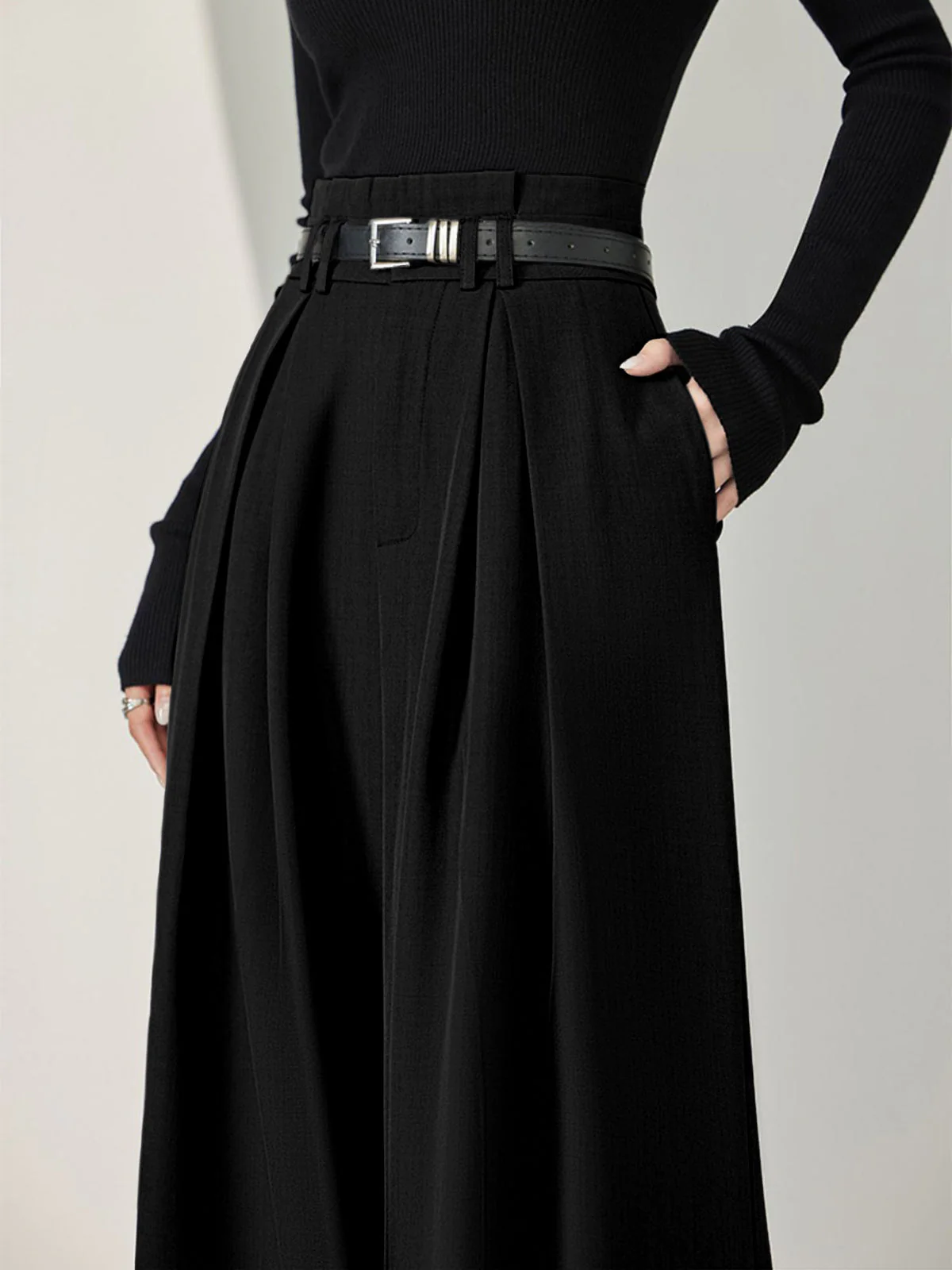 Solid Belted Pleated Trendy Wide Leg Pants - Image 3