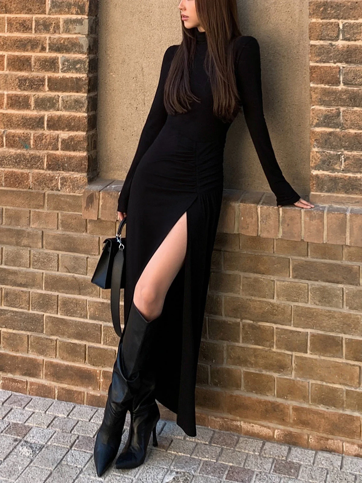 Slit Pleated Long Sleeve Modern Bodycon Mock Neck Long Dress - Image 4