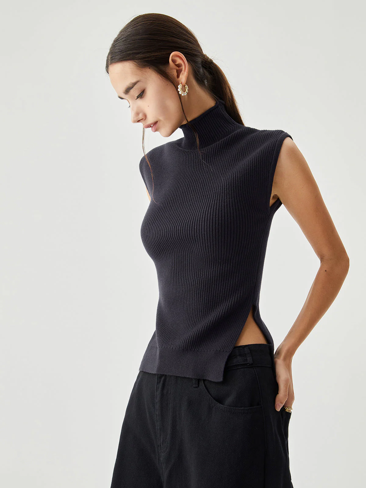 Sleeveless Mock Neck Trendy Slit Ribbed Knit Sweater - Image 12
