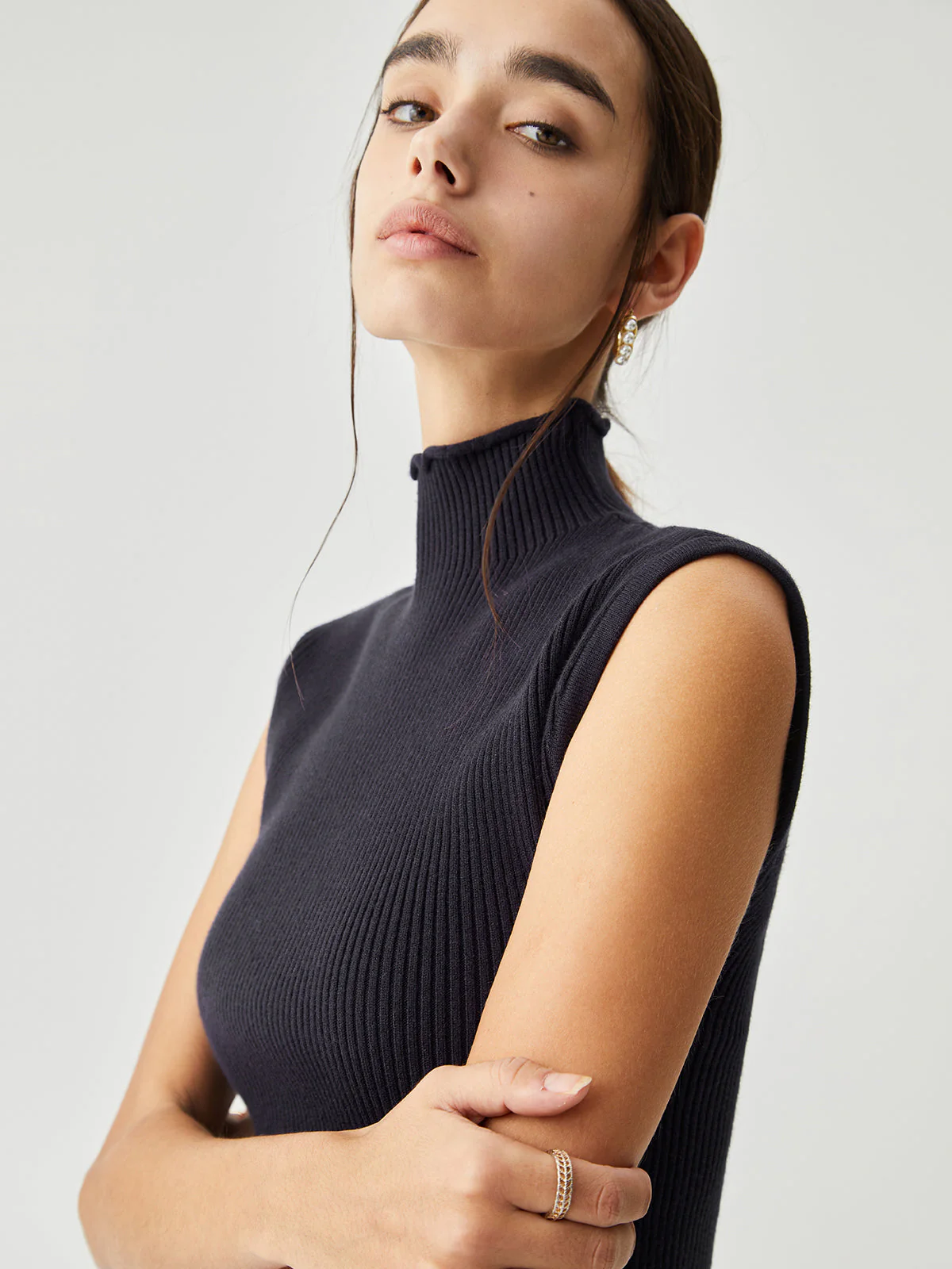 Sleeveless Mock Neck Trendy Slit Ribbed Knit Sweater - Image 14