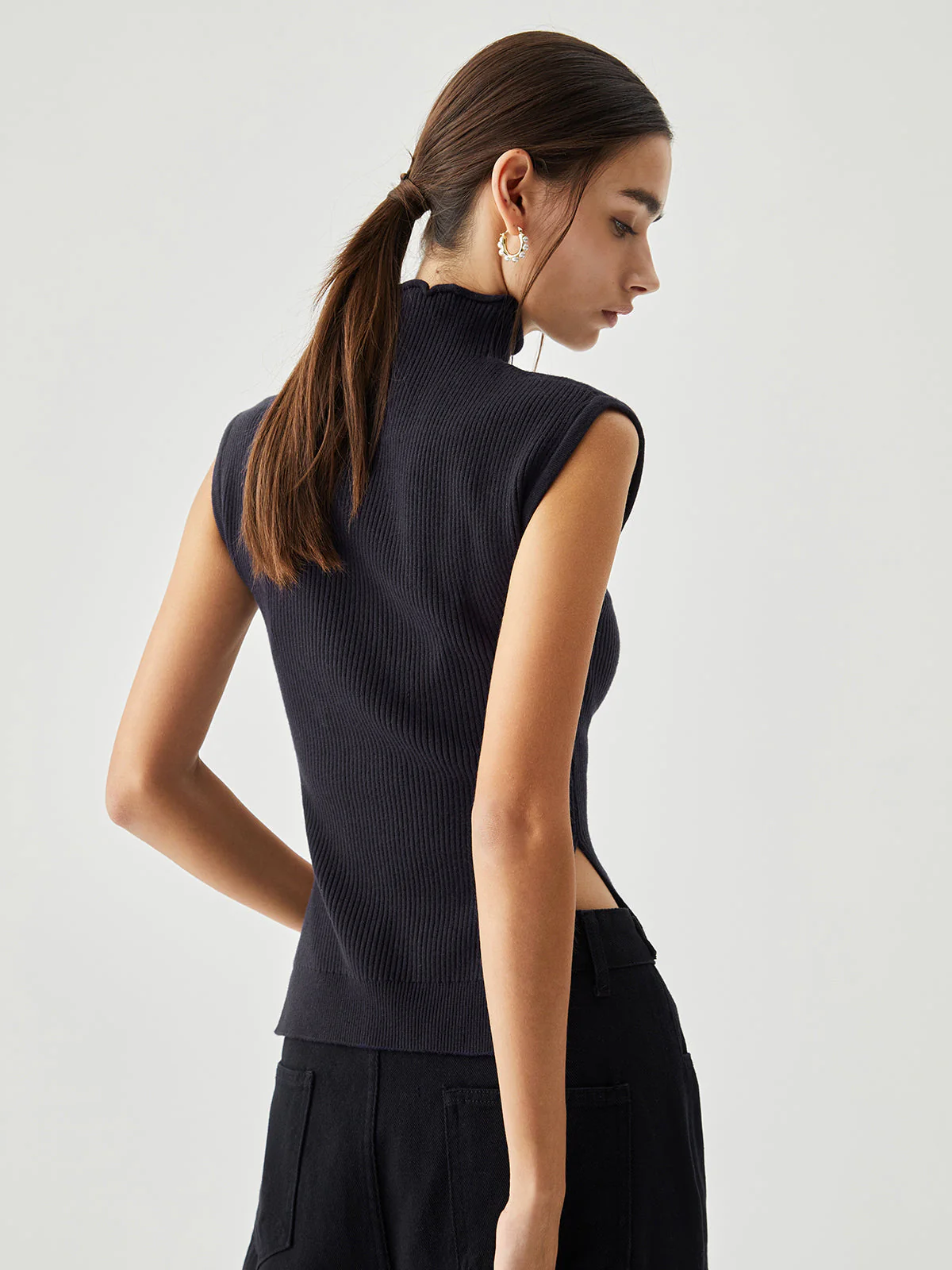 Sleeveless Mock Neck Trendy Slit Ribbed Knit Sweater - Image 8
