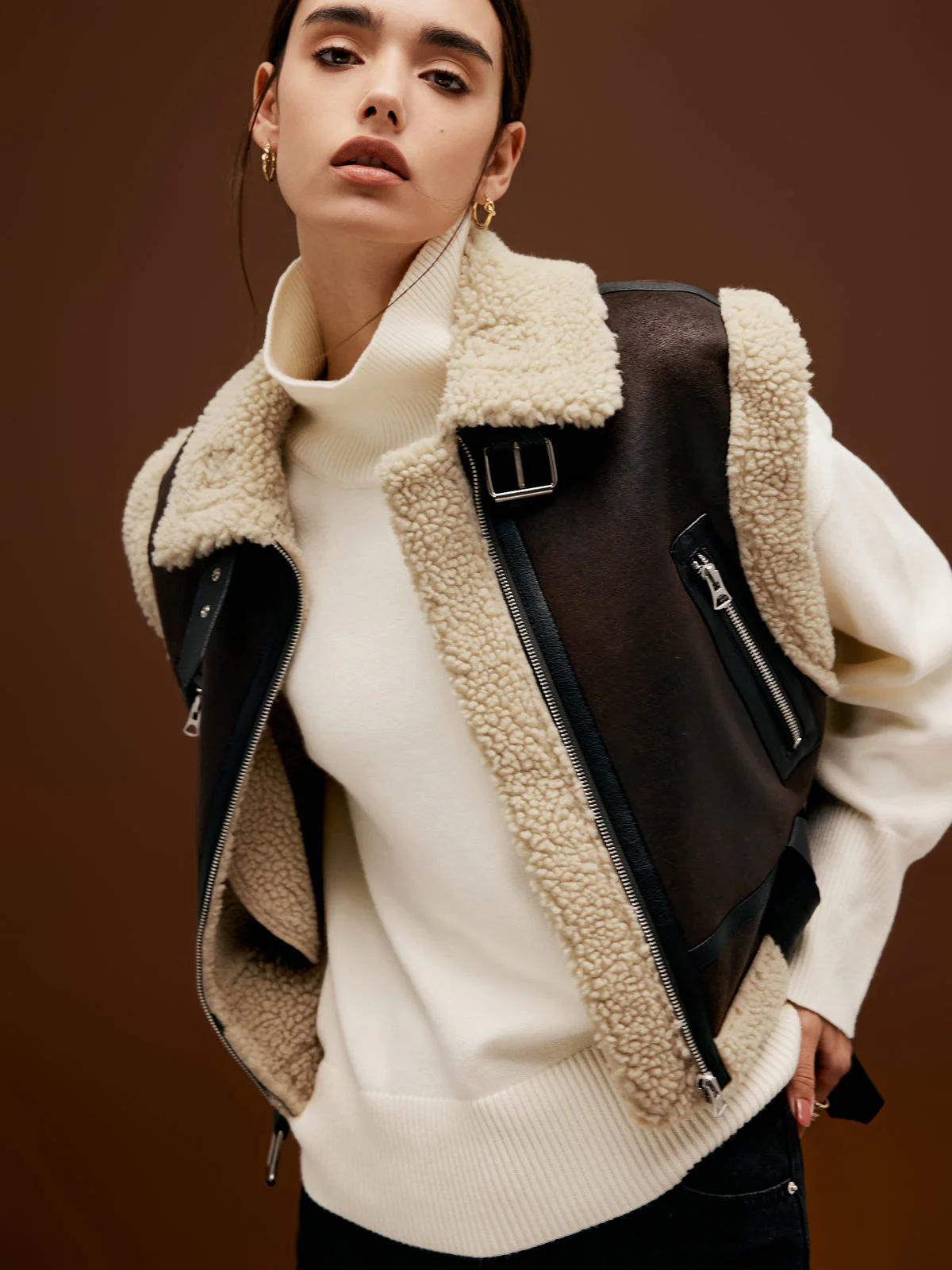 Sherpa Lined Shearling Trendy Leather Biker Crop Vest - Image 10
