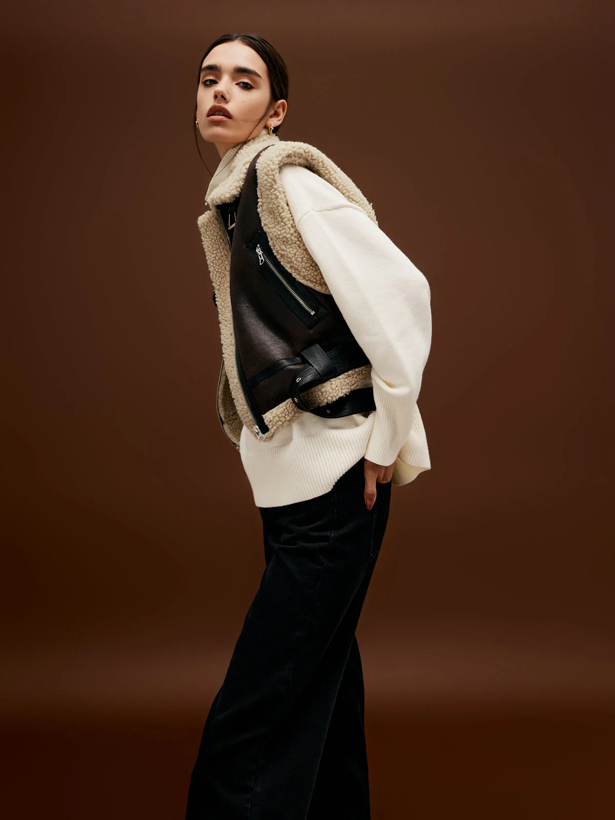 Sherpa Lined Shearling Trendy Leather Biker Crop Vest - Image 8
