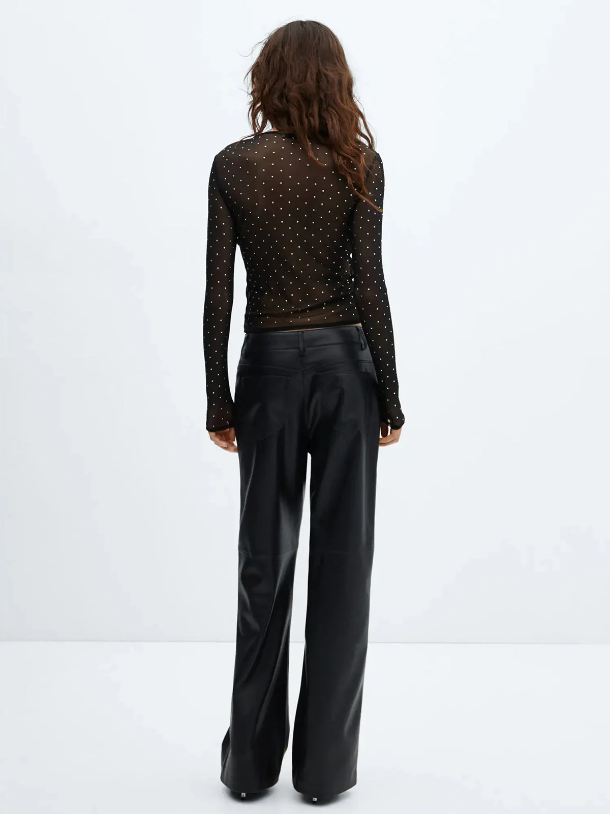 Semi-sheer Sequined Polka Dot Modern Long Sleeve Mesh Shirt - Image 2