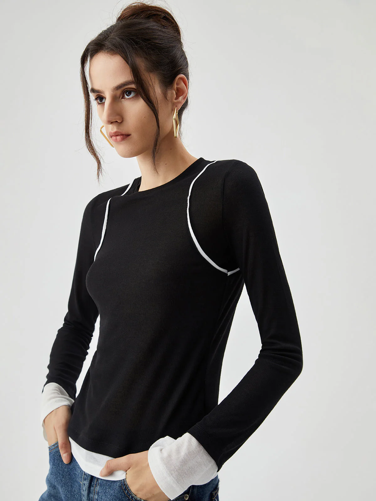 Semi-sheer Contrast Trim Patchwork Modern Long Sleeve Knit Top - Image 10