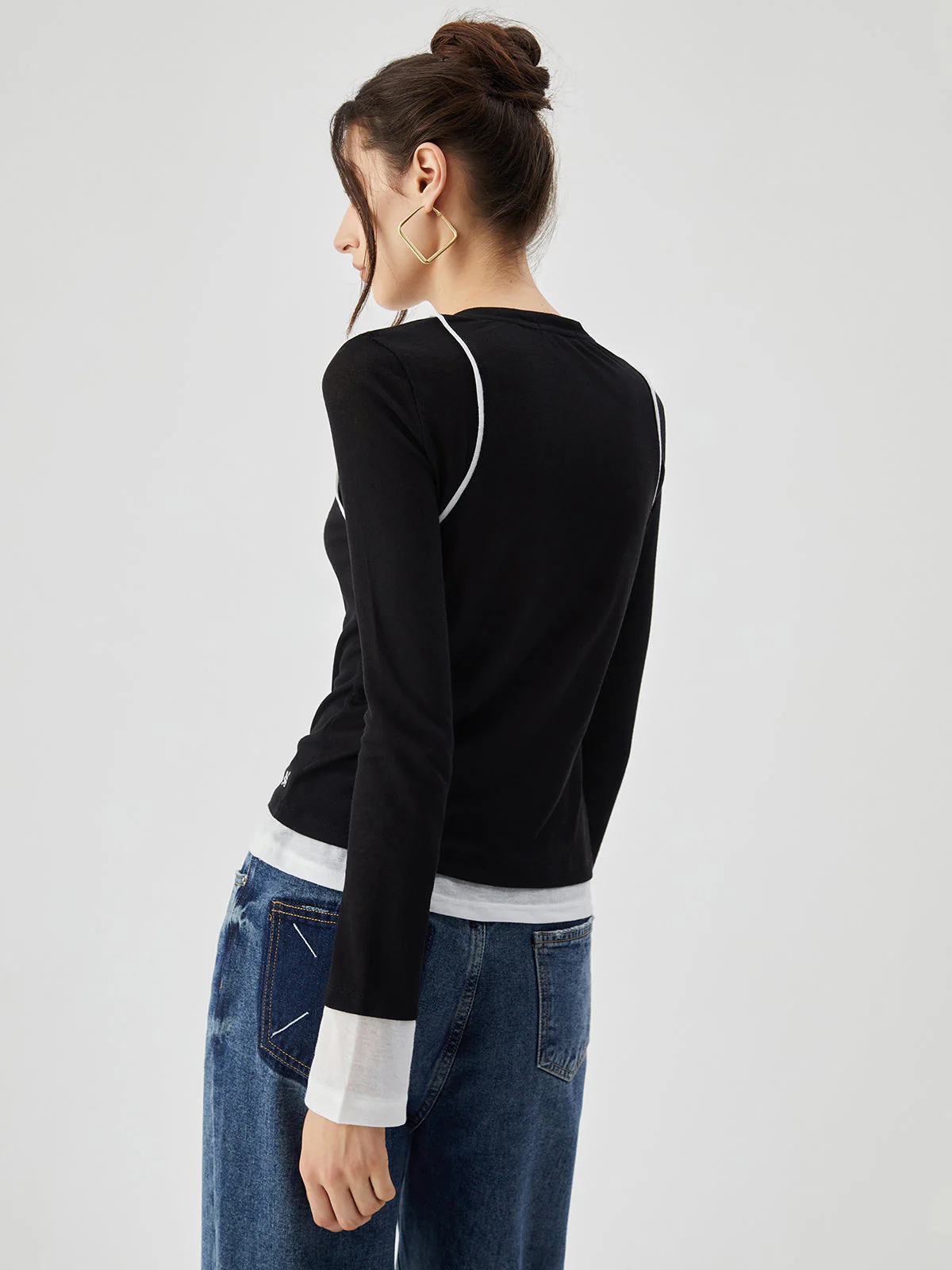 Semi-sheer Contrast Trim Patchwork Modern Long Sleeve Knit Top - Image 7
