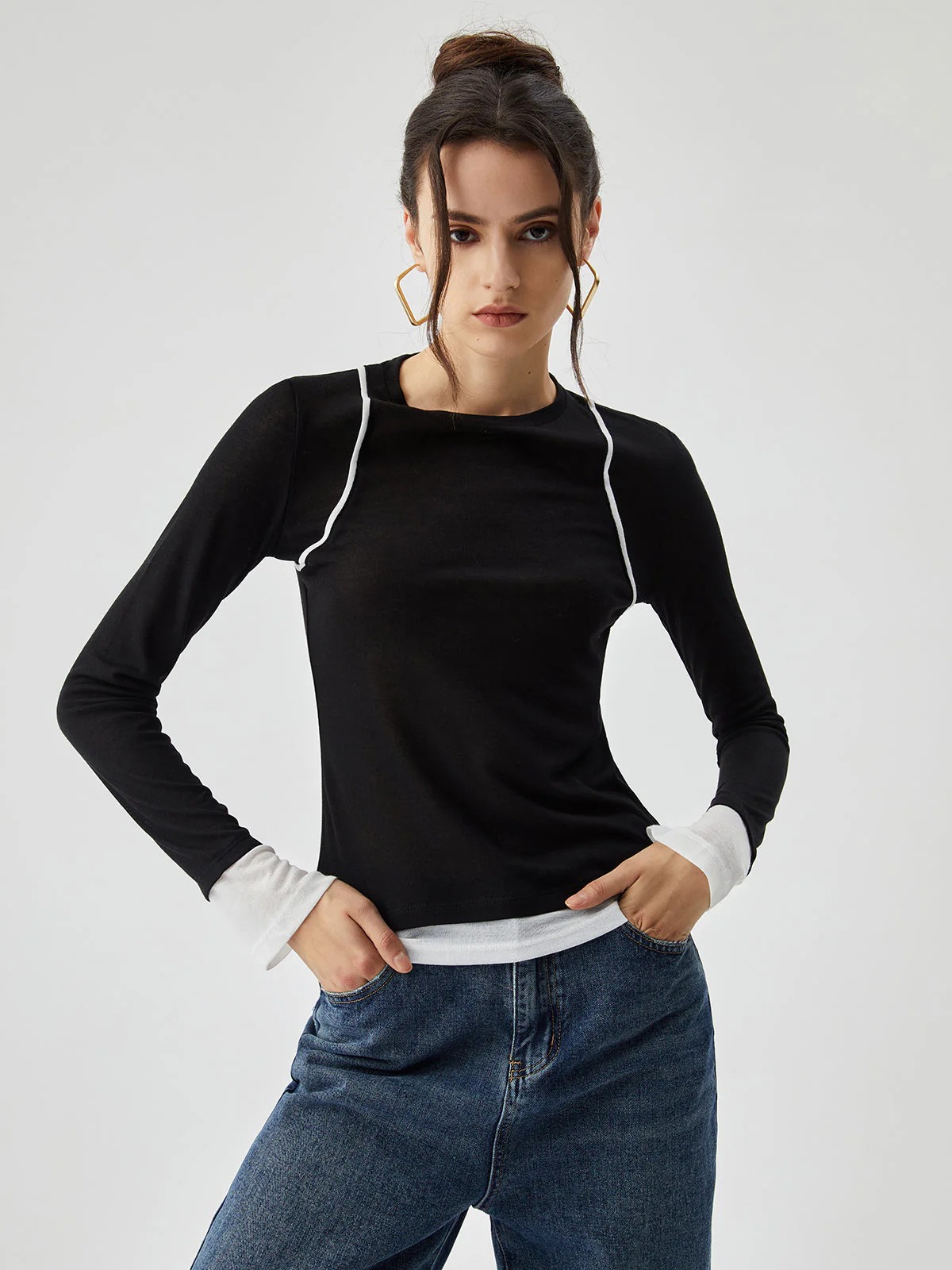 Semi-sheer Contrast Trim Patchwork Modern Long Sleeve Knit Top - Image 8