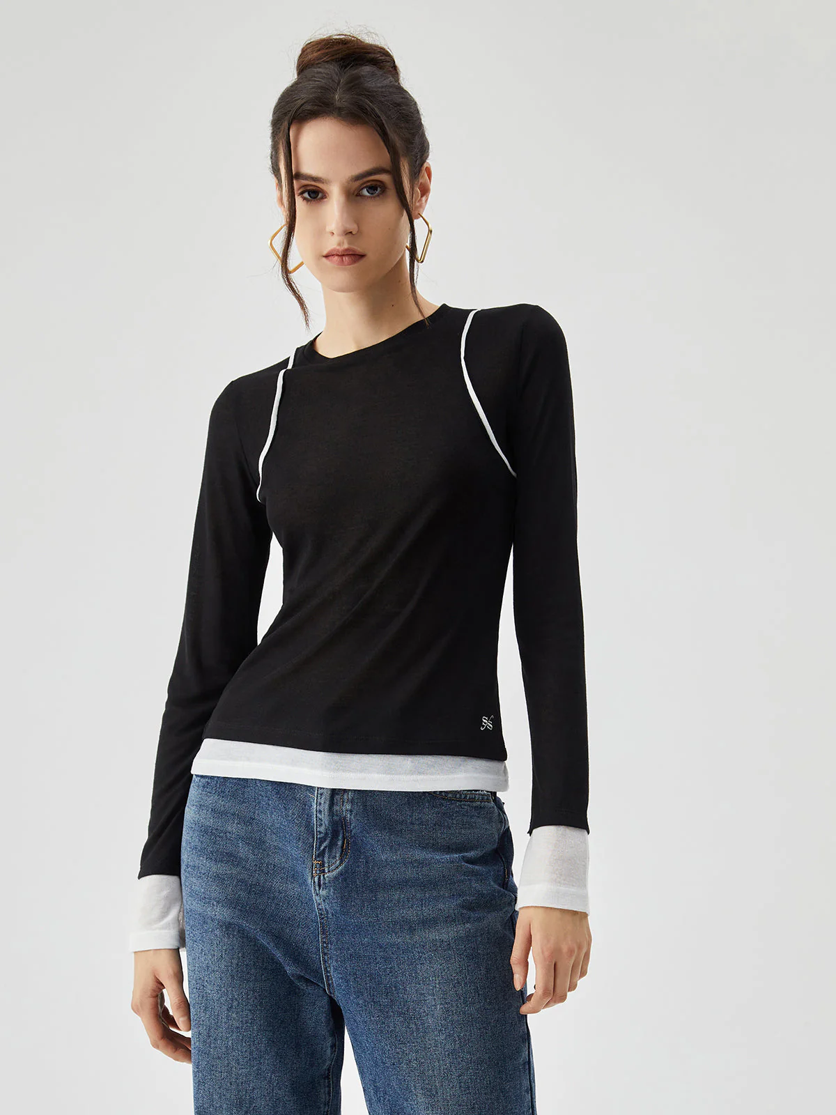 Semi-sheer Contrast Trim Patchwork Modern Long Sleeve Knit Top - Image 9
