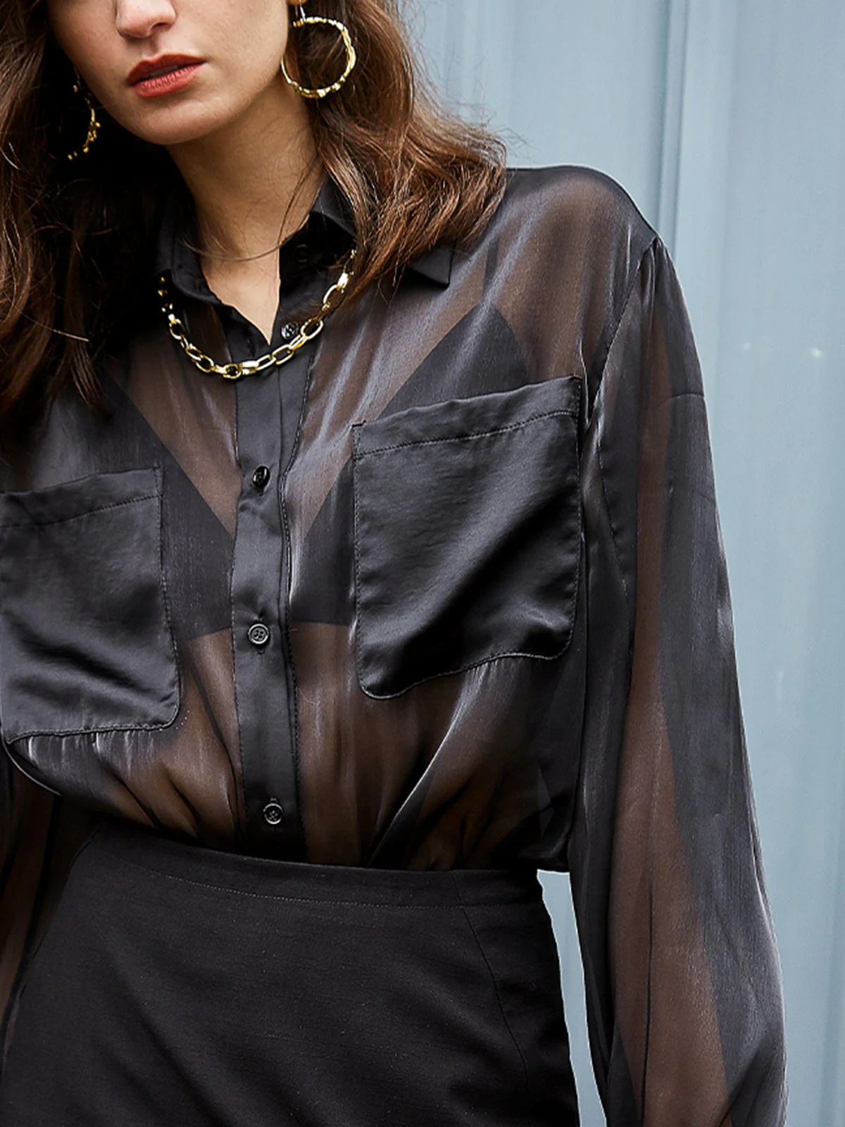 See Through Pocket Trendy Long Sleeve Collar Shirt - Image 7