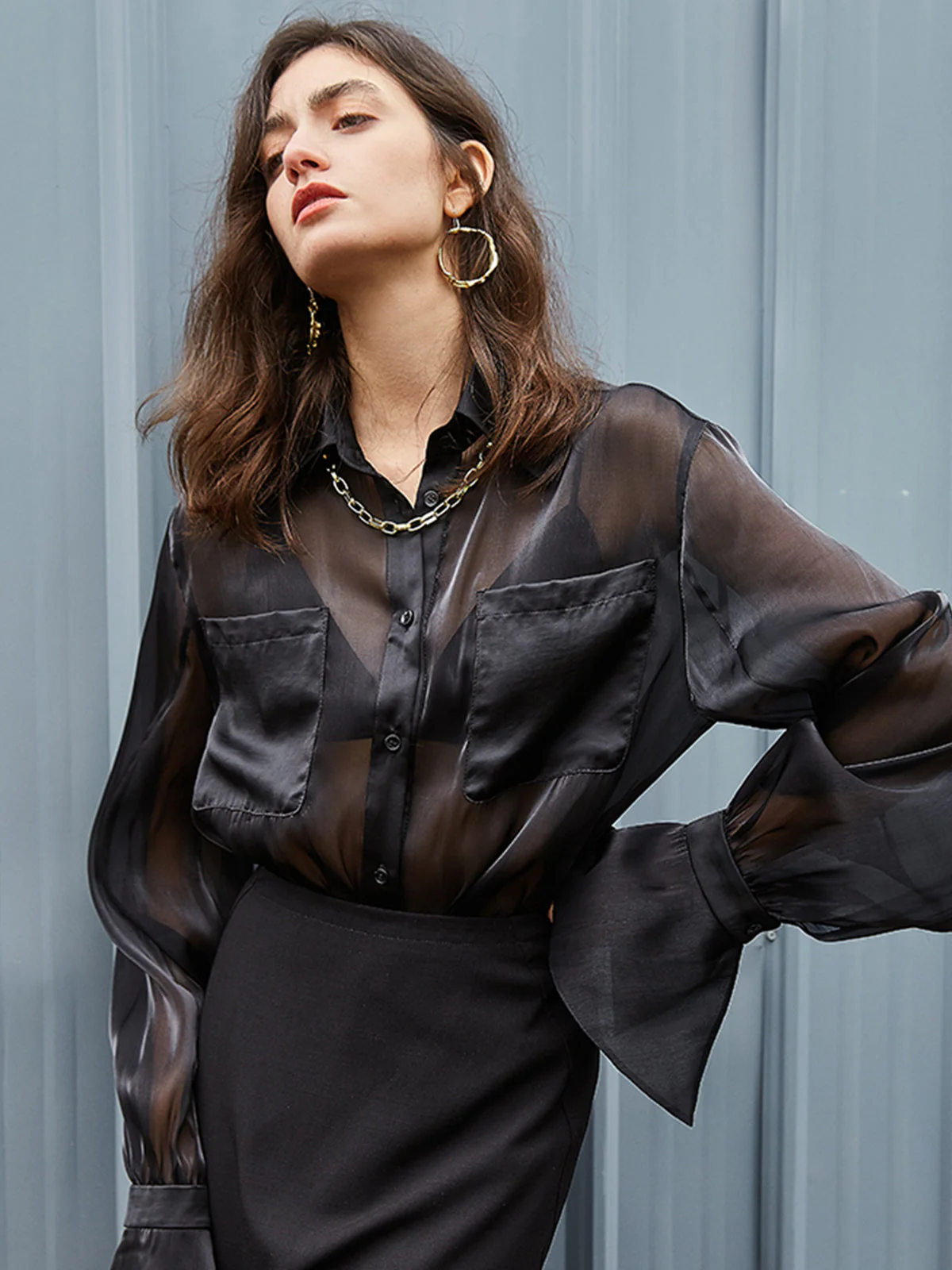 See Through Pocket Trendy Long Sleeve Collar Shirt - Image 8
