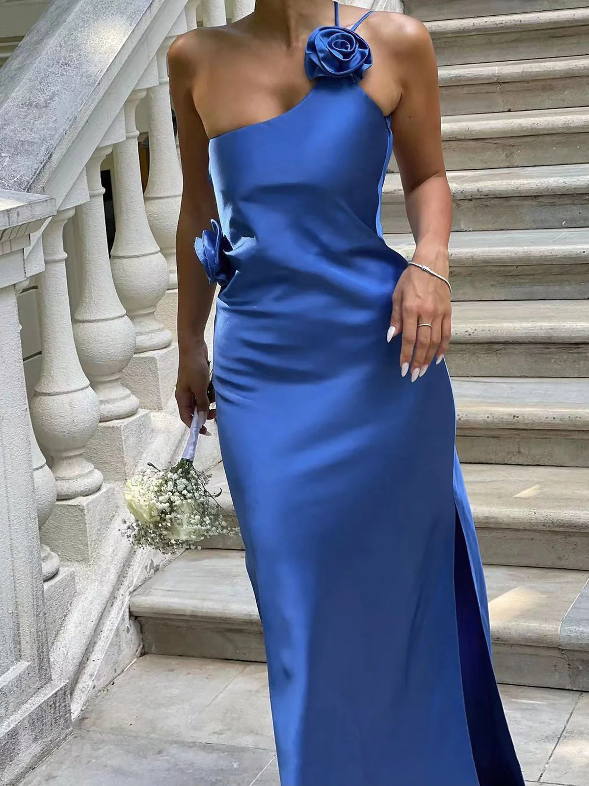 Satin Rose Decor Asymmetrical Modern Open Back Maxi Dress - Image 2